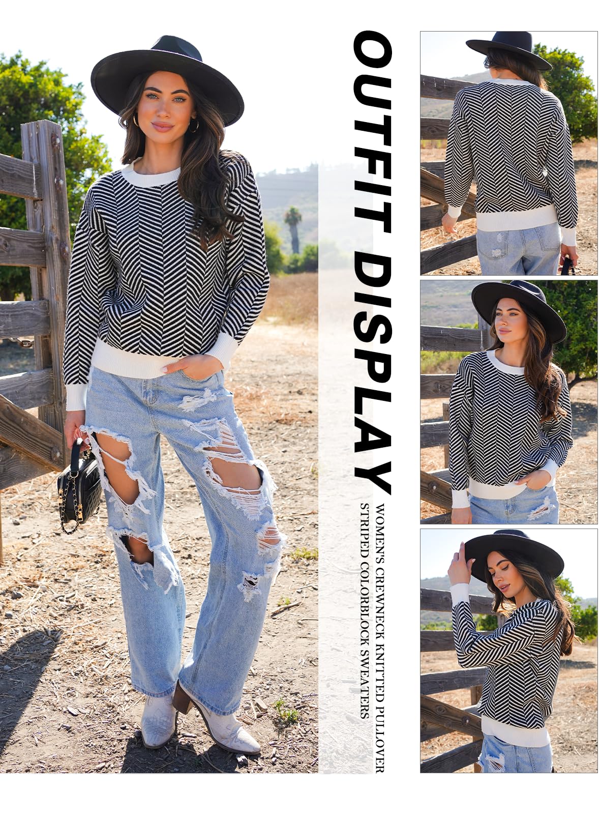Dokotoo Damen Pullover Elegant Rundhals Gestreifter Strickpullover Warm Herbst Winterpullover Pulli Sweater S-XXL