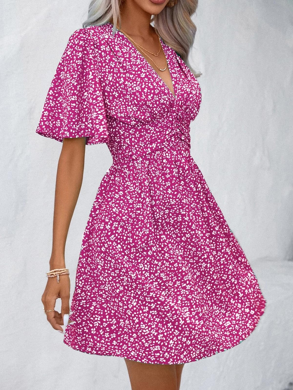 LIAMERHE Damen Elegant Kleid Langarm/Kurze Ärmel V-Ausschnitt Casual Kleider A-Linie Blumenmuster Minikleid Freizeitkleider Sommer Herbst Winter Laternenärmeln Kleid Partykleid