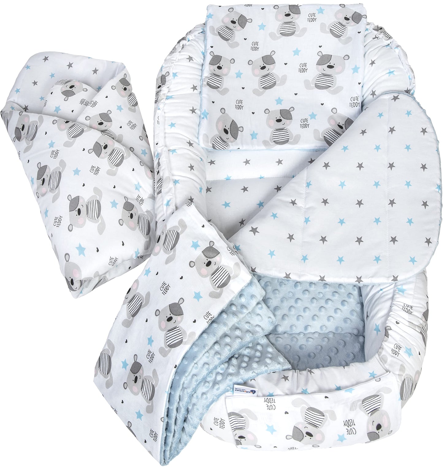 Medi Partners Babynest Nestchen Baby Set für Neugeborene - 100x60x15 Kuschelnest 5 teilig tragbar Nest zweiseitig Babynestchen Bett 100% Baumwolle (Lichtung mit grauem Minky)