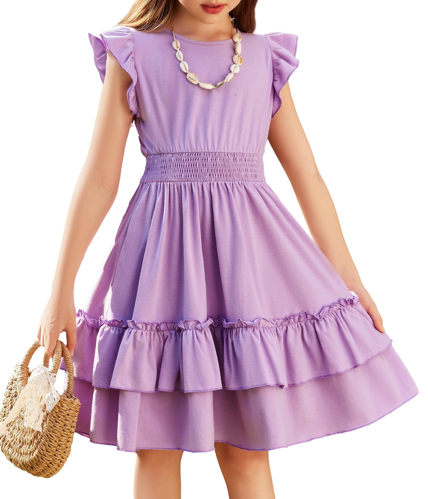 Arshiner Mädchen Kleider Flatterärmel Kinder Sommer Baumwolle Festliche Kleid A-Linie Taille Einschnüren Freizeitkleid Swingkleid Elegant ärmelloses Kleid für Mädchen 5-13 Jahre