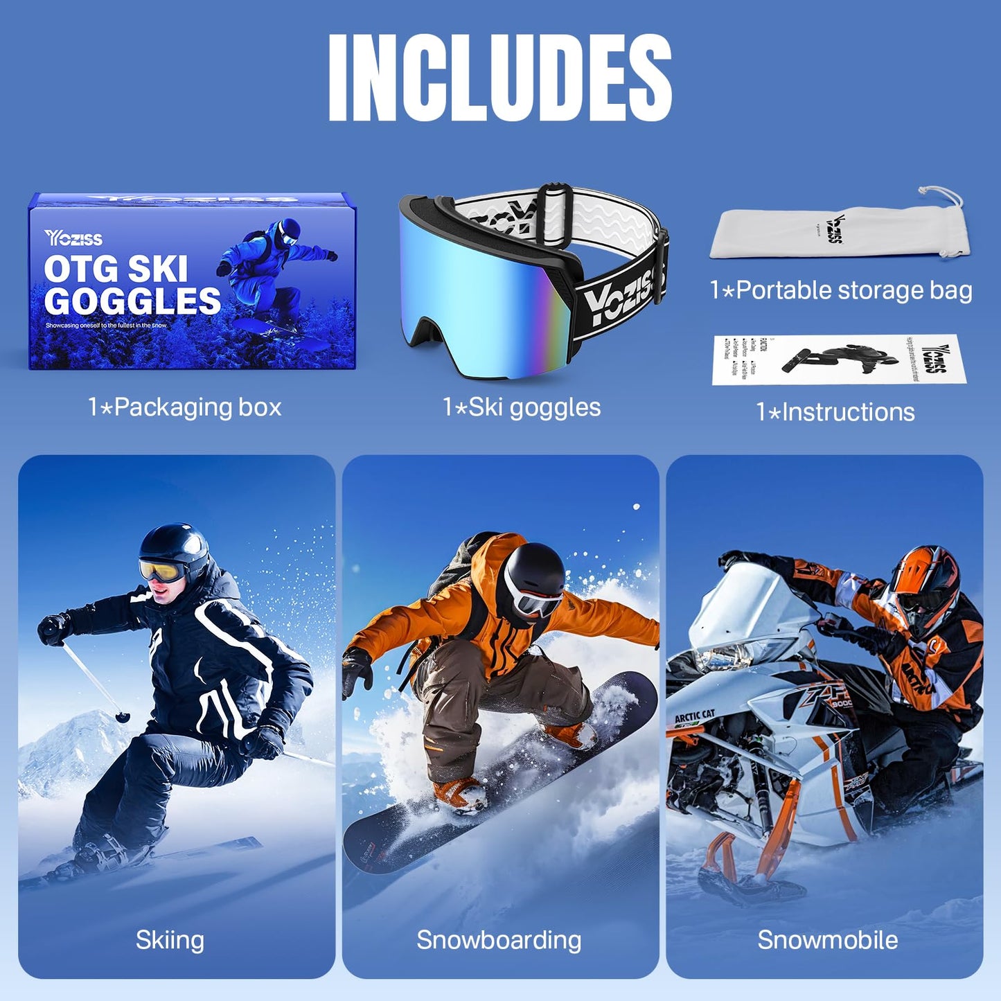YOZISS OTG Ski Goggles for Men and Women, Magnetic Snowboard Goggles Anti-Fog & 100% UV Protection, OTG Ski Goggles Snow Goggles for Skiing & Winter Sports
