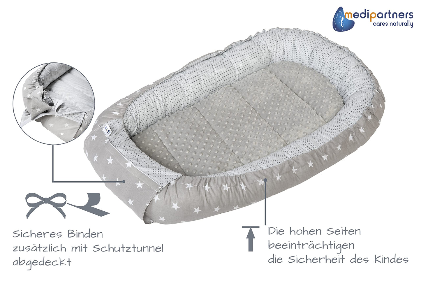 Medi Partners Babynest Nestchen Baby Set für Neugeborene - 100x60x15 Kuschelnest 5 teilig tragbar Nest zweiseitig Babynestchen Bett 100% Baumwolle (Lichtung mit grauem Minky)