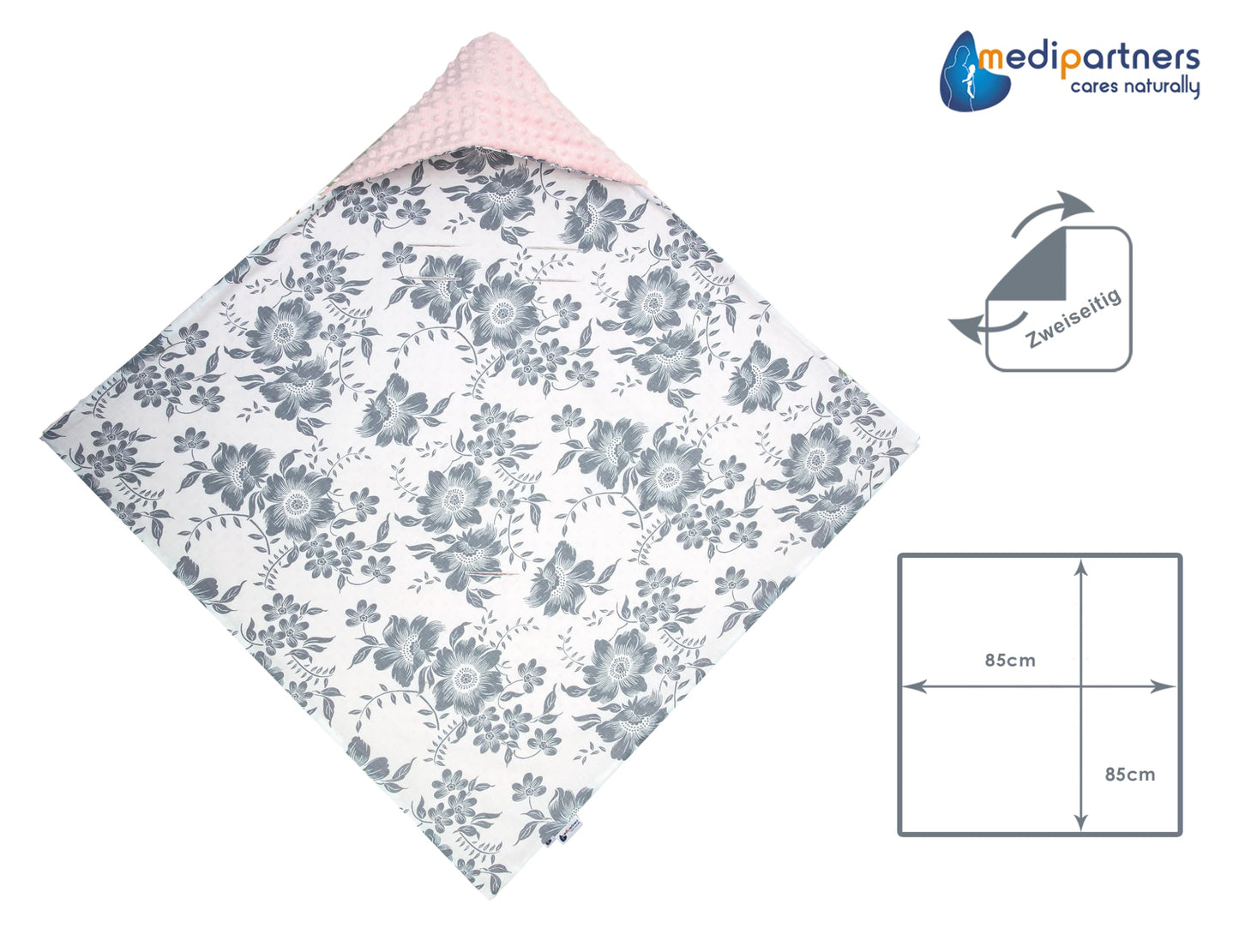 Medi Partners Einschlagdecke Baby Babyschale 100% Baumwolle für Sommer 85x85cm Kinderwagen Kuscheldecke universal Baby Decke Einschlagdecken Babydecke Buggy Autositz (weiße Sterne mit grauen Minky