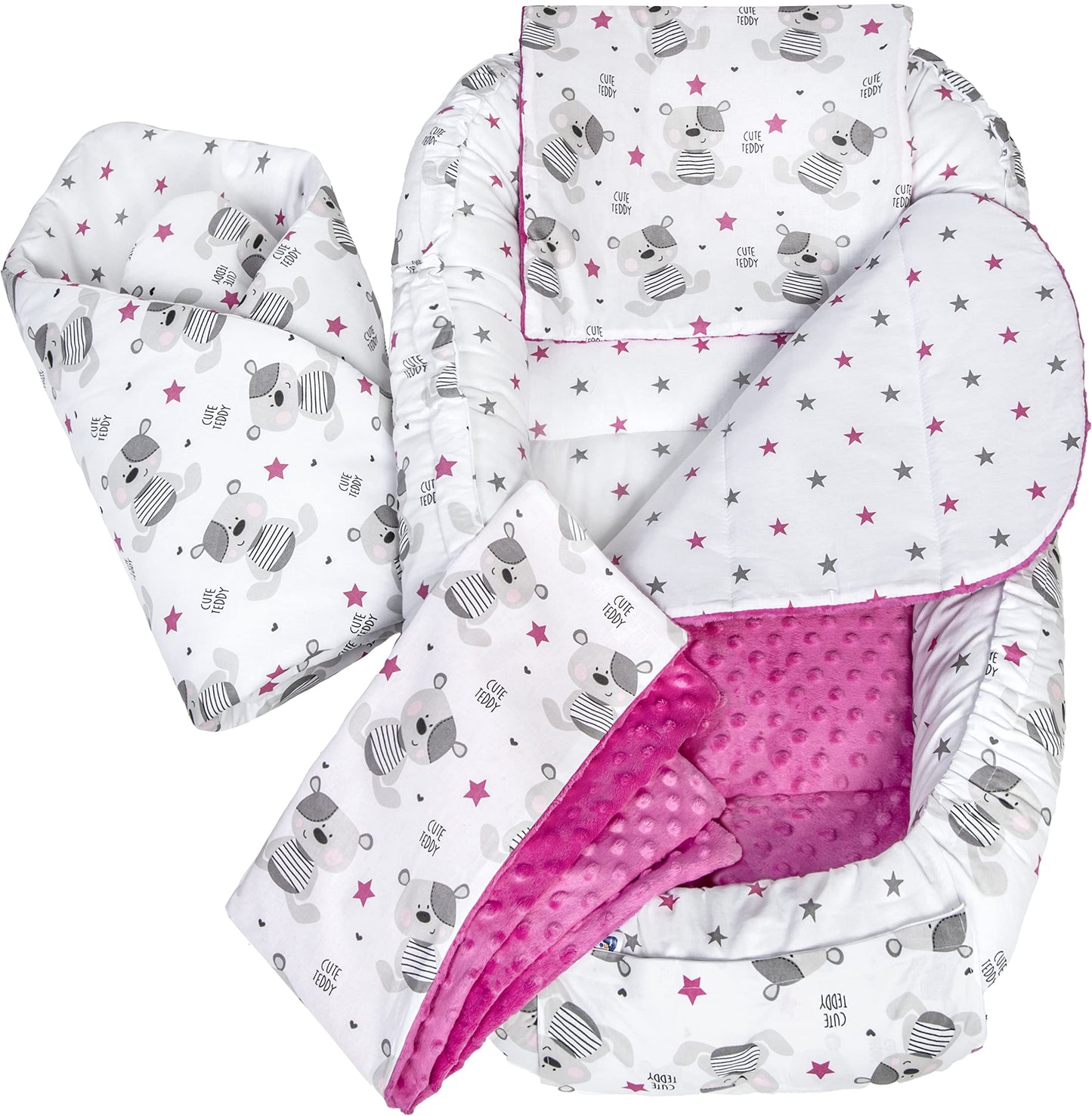 Medi Partners Babynest Nestchen Baby Set für Neugeborene - 100x60x15 Kuschelnest 5 teilig tragbar Nest zweiseitig Babynestchen Bett 100% Baumwolle (Lichtung mit grauem Minky)