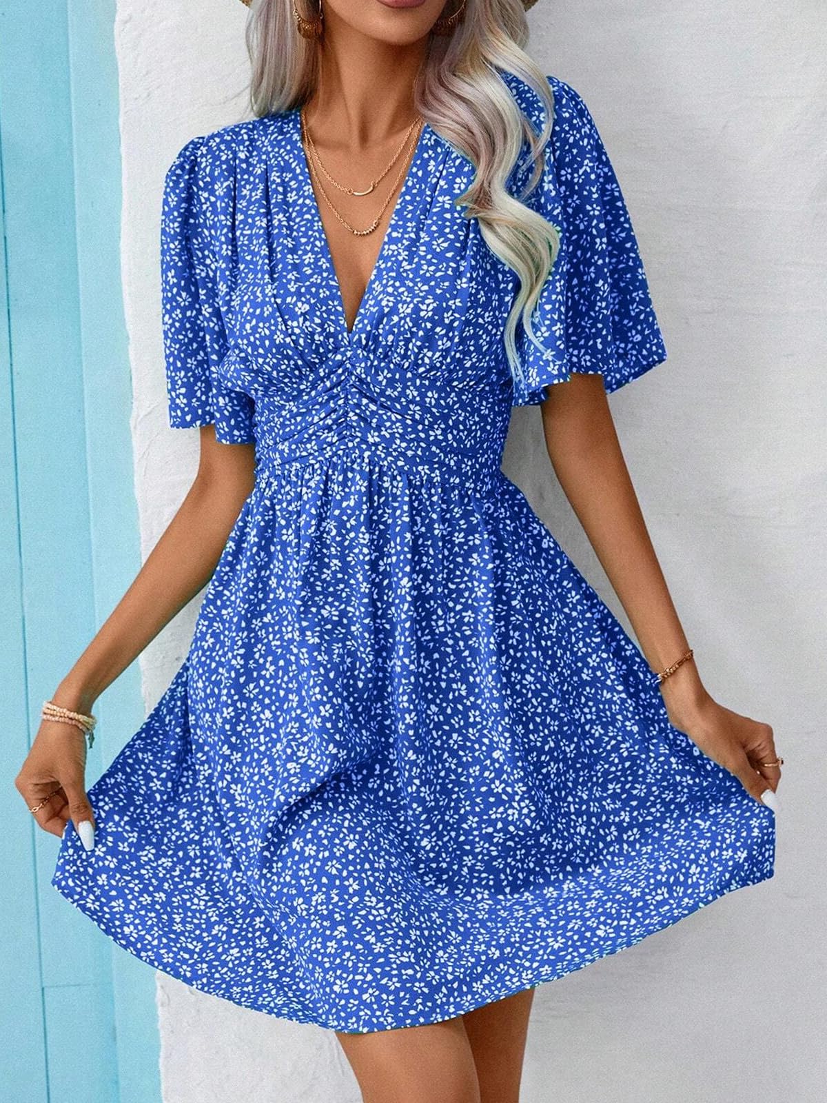 LIAMERHE Damen Elegant Kleid Langarm/Kurze Ärmel V-Ausschnitt Casual Kleider A-Linie Blumenmuster Minikleid Freizeitkleider Sommer Herbst Winter Laternenärmeln Kleid Partykleid