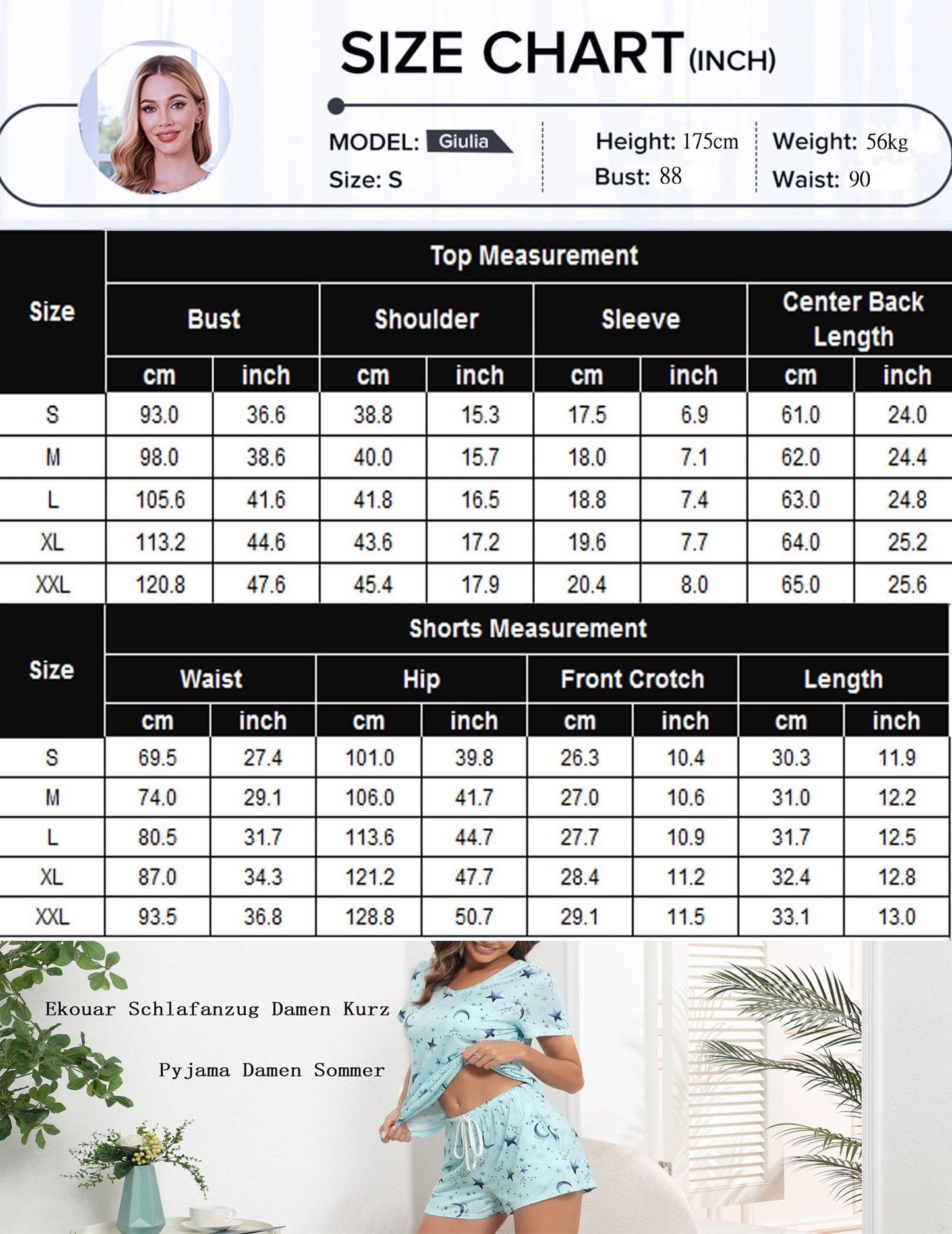 Ekouaer Schlafanzug Damen Kurz Pyjama Set Kurzarm Sommer Nachtwäsche Gedruckt with Taschen S-XXL