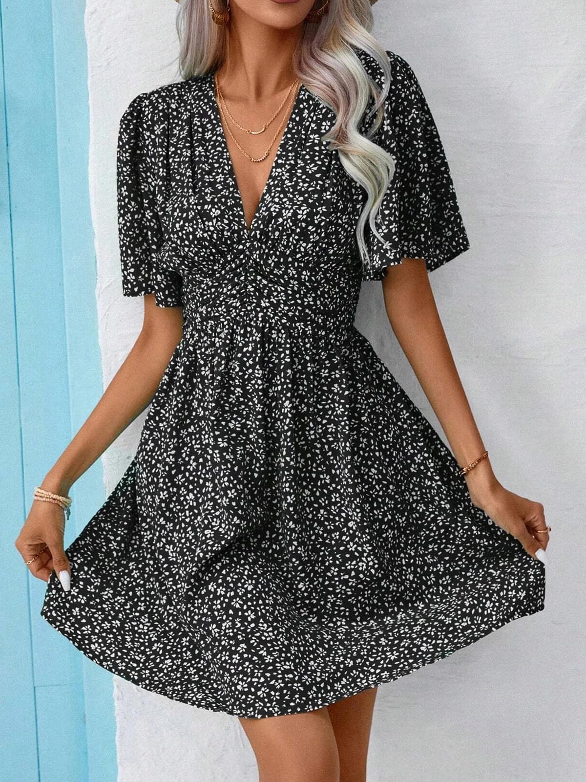 LIAMERHE Damen Elegant Kleid Langarm/Kurze Ärmel V-Ausschnitt Casual Kleider A-Linie Blumenmuster Minikleid Freizeitkleider Sommer Herbst Winter Laternenärmeln Kleid Partykleid