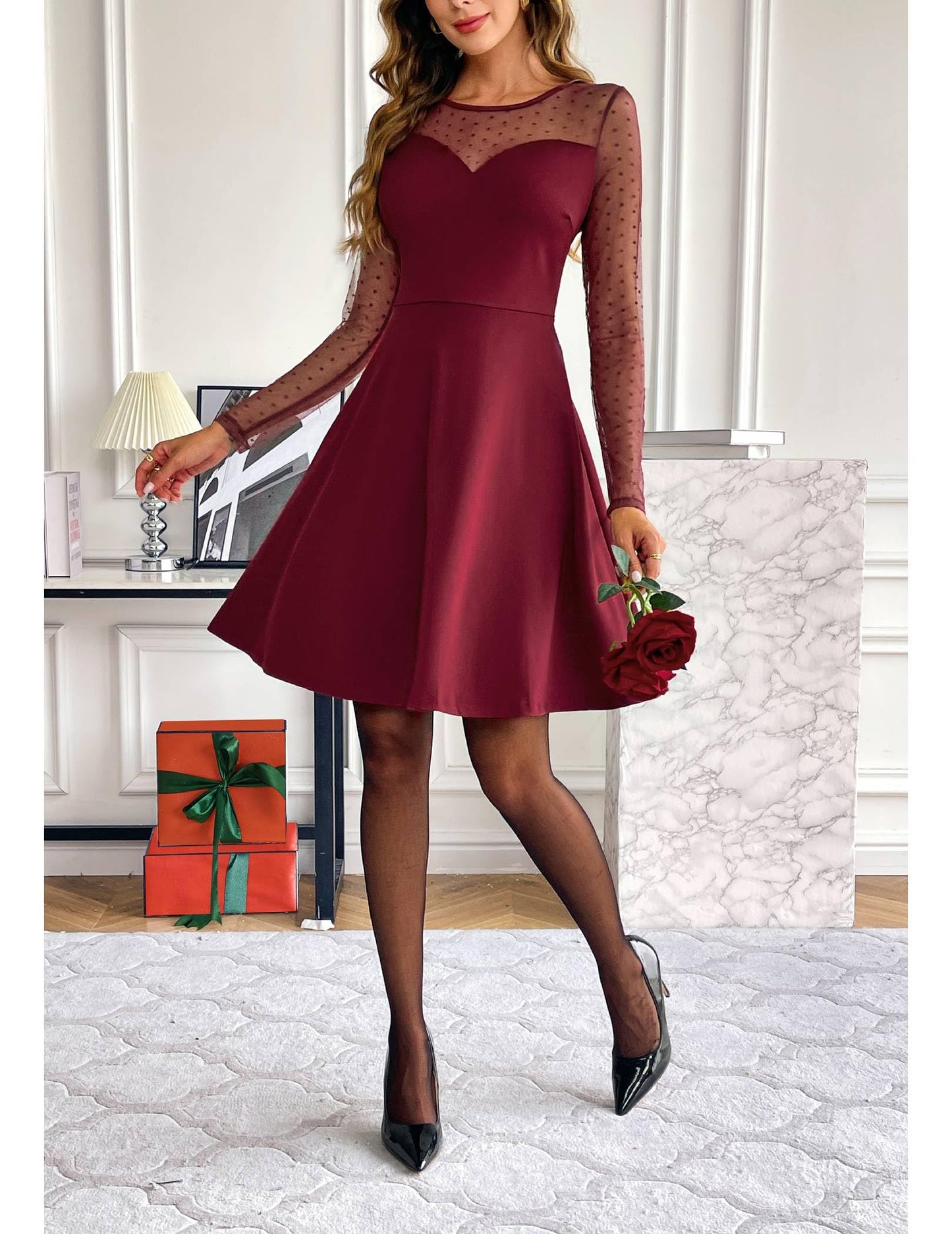 Zeagoo Kleid Damen Elegant Spitze A Linie Partykleid Hohe Taille Cocktailkleid Minikleid Festliches Kleid Einfarbig Mesh Kleid Sexy Swing Kleider S-XXL