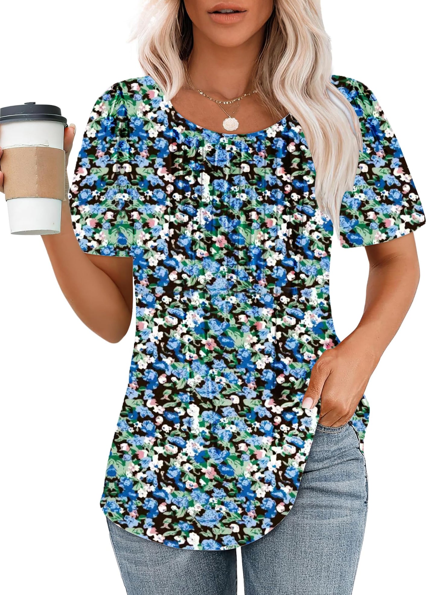 Cuptacc Tshirt Damen Rundhals Mit Falten Locker Puffärmel T-Shirt Elegant Kurzarm Geblümt/Einfarbig Top Damen