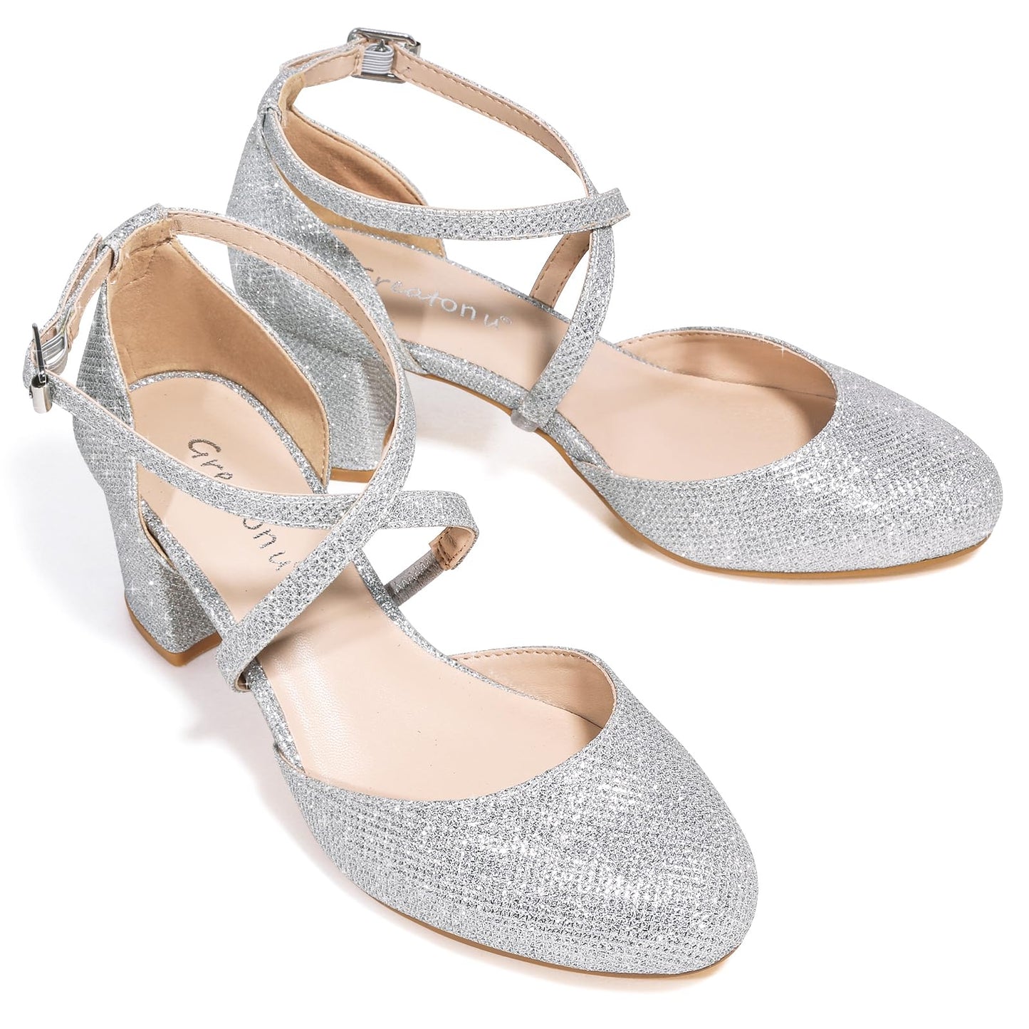 Greatonu Damen Pumps Riemchenpumps Spangenpumps Sandale mit Kreuz Knöchelriemen Blockabsatz Geschlossener Spitze Glitzer Pumps - Perfekt für Hochzeiten und Partys