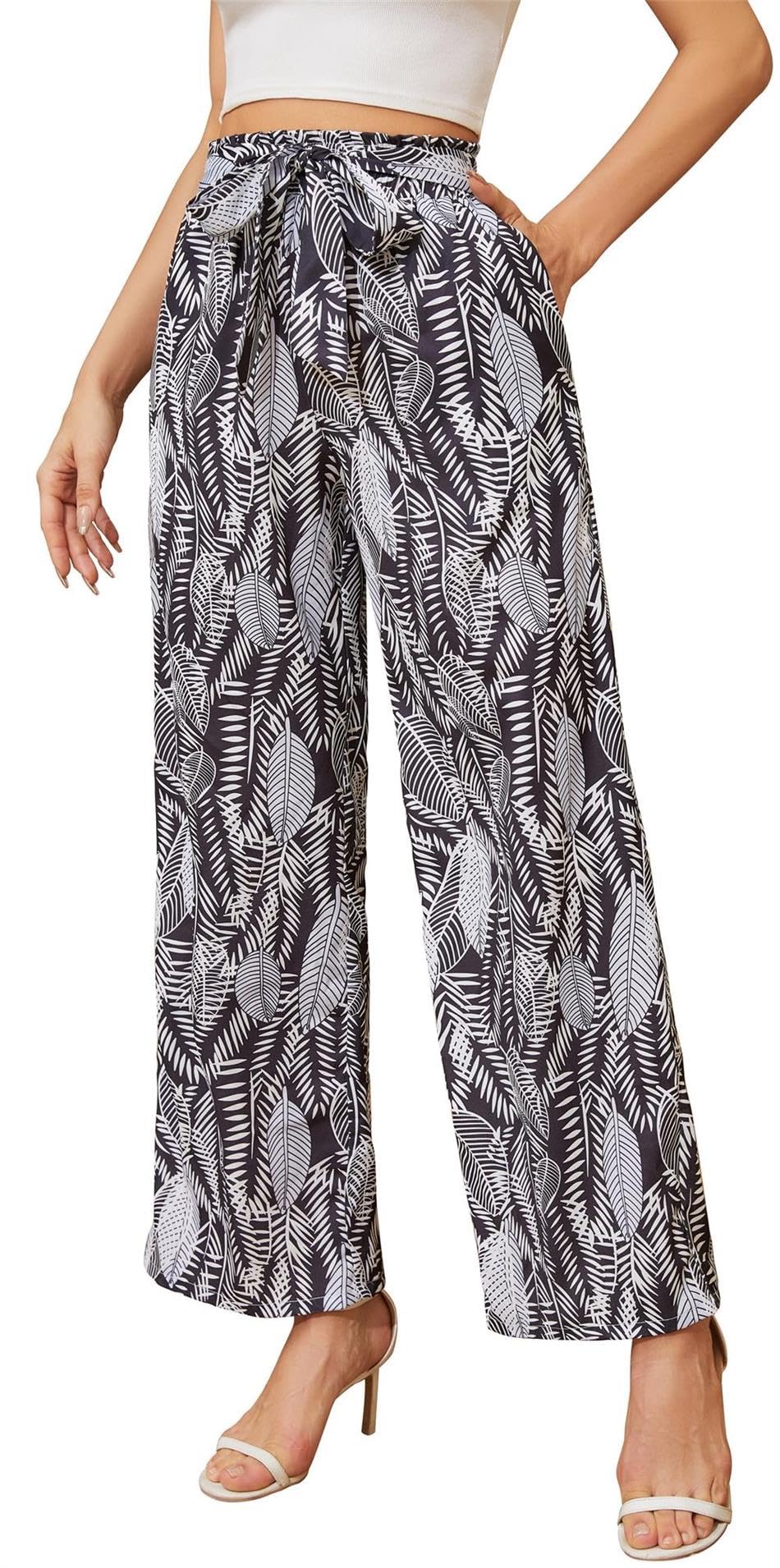 Actcat Damen Hose mit weitem Bein Leicht und Elegant Elastischer Bund Sommerhose mit Taschen für Legere Arbeit Geeignet