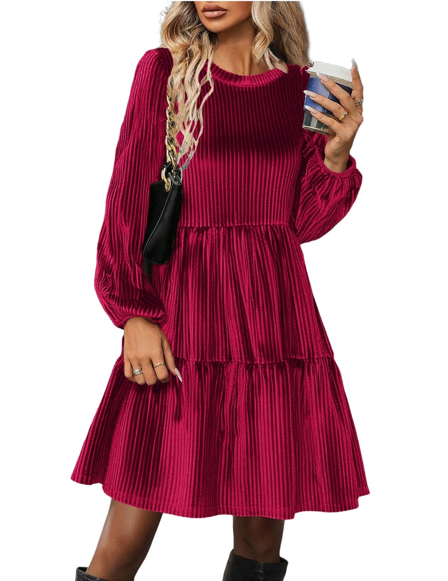 Zeagoo Damen Kleider Langarm Elegant Samtkleid Rundhals Rüschen A Linie Hohe Taille Freizeitkleider Winterkleid mit Taschen