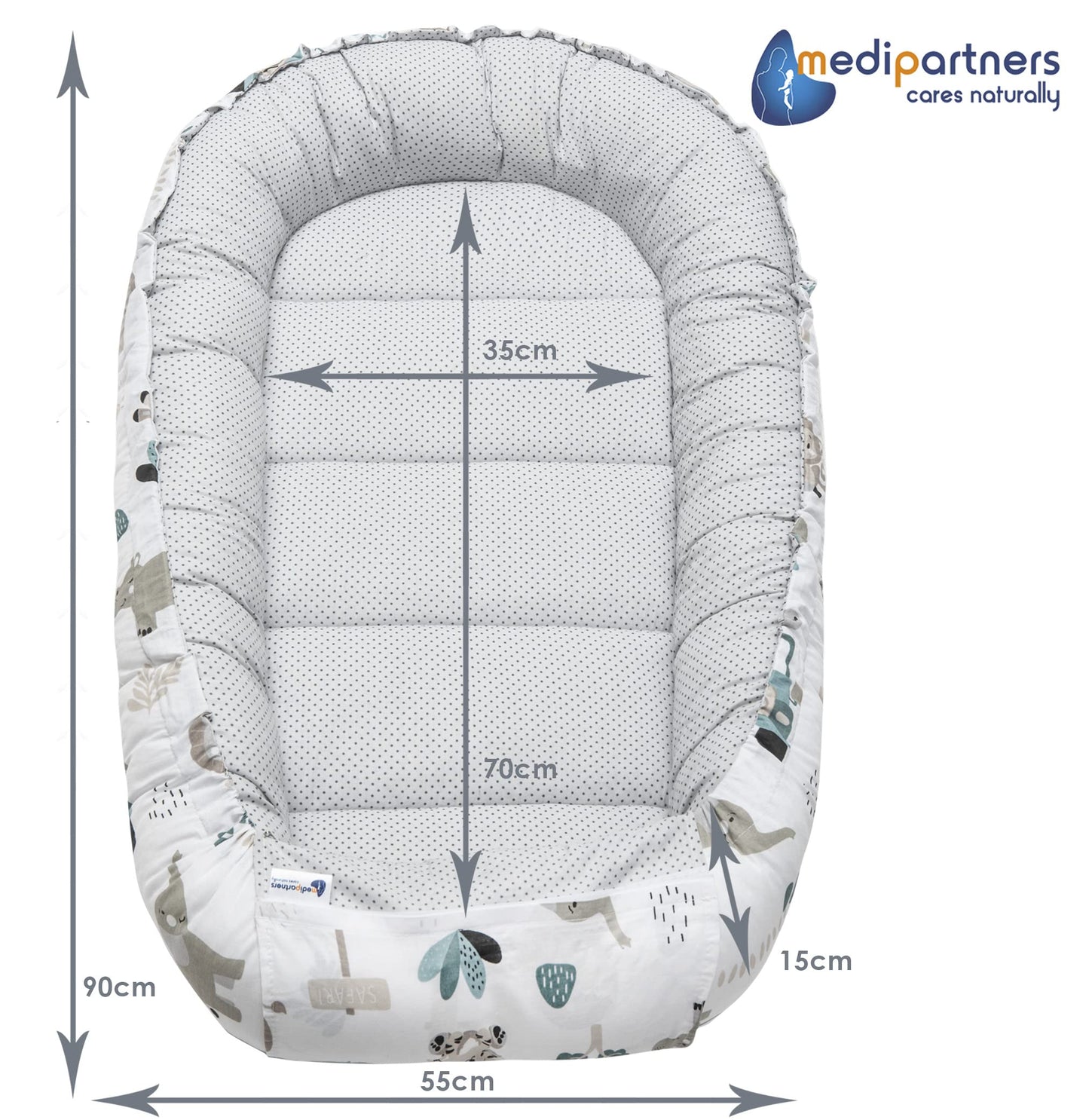 Medi Partners Babynest Nestchen Baby Set für Neugeborene - 100x60x15 Kuschelnest 5 teilig tragbar Nest zweiseitig Babynestchen Bett 100% Baumwolle (Lichtung mit grauem Minky)