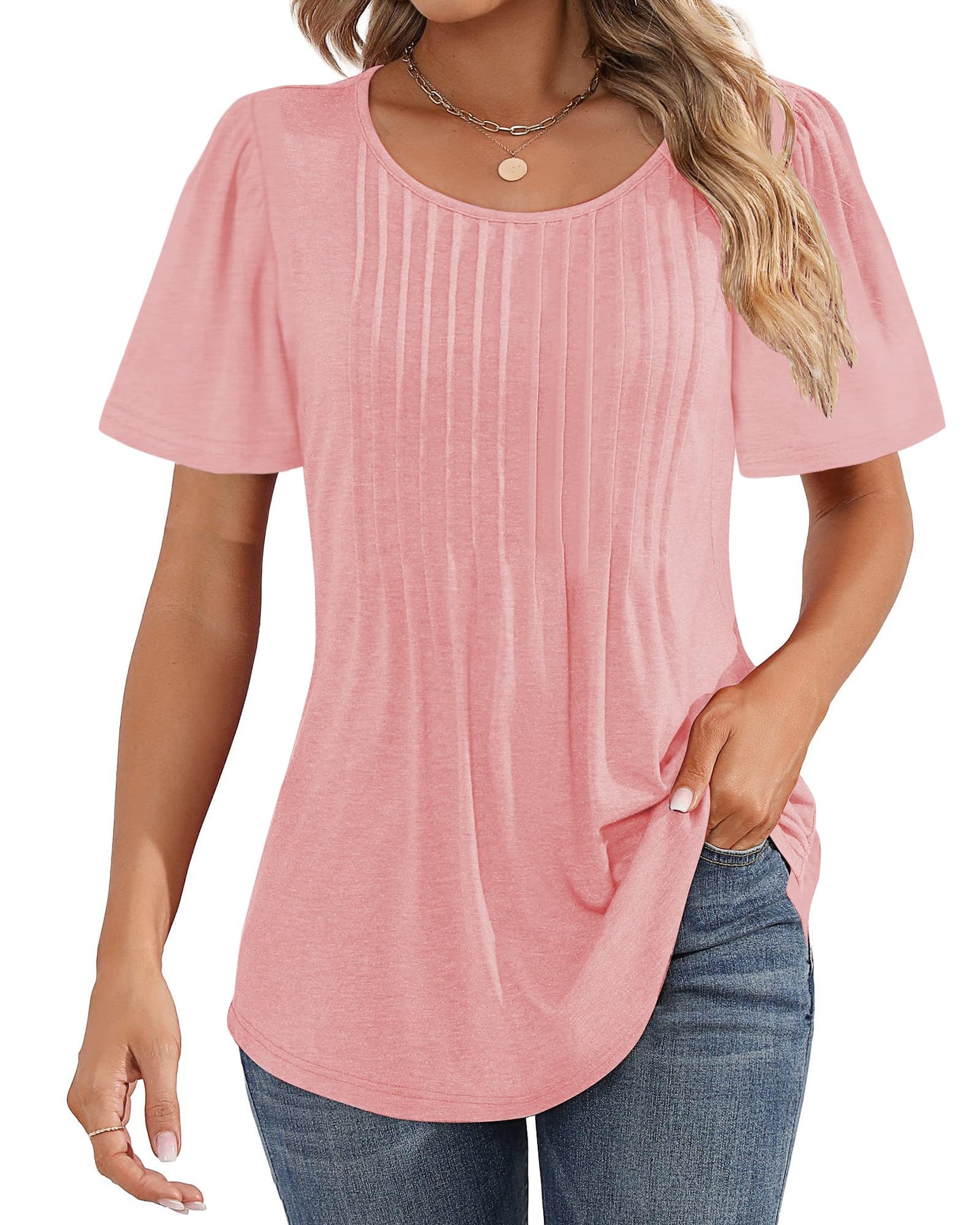 Cuptacc Tshirt Damen Rundhals Mit Falten Locker Puffärmel T-Shirt Elegant Kurzarm Geblümt/Einfarbig Top Damen