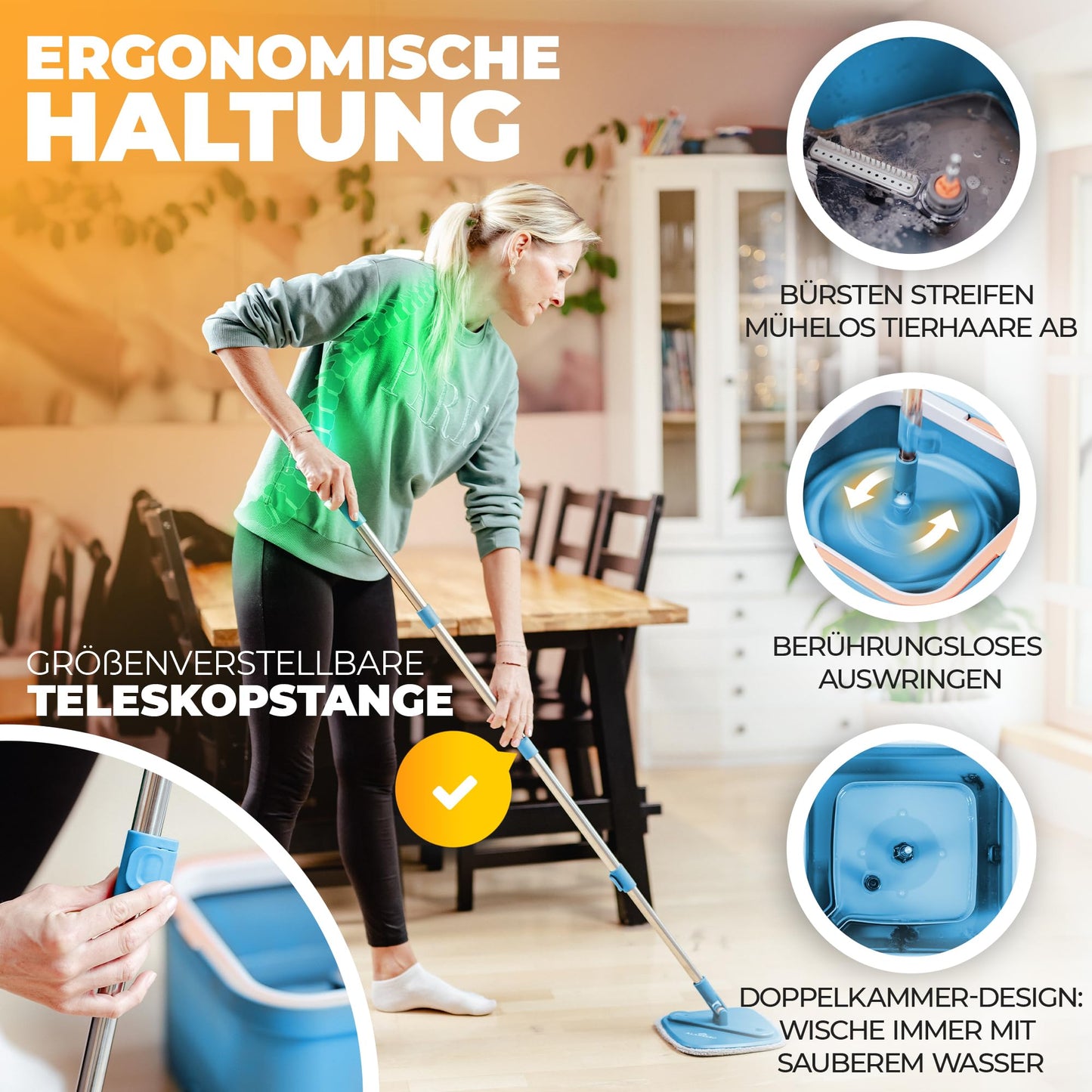 ALANBERG® Wischmopp Set mit Eimer – Zwei-Kammer-System – Trennung von Schmutz und Frischwasser – Bodenwischer für alle Bodentypen, Selbstauswringend, Mikrofaser Wischpads – Grau