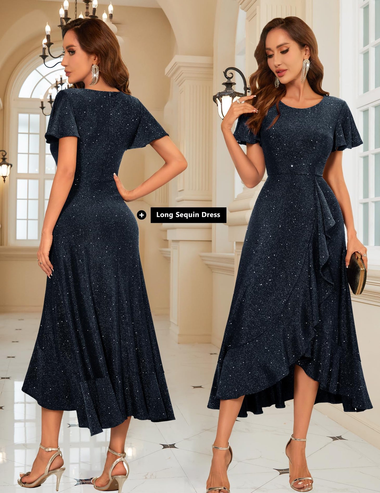 Berylove Damen Abendkleid Lang Glitzer Ballkleid mit Rüschen Saum Kleid Festliche Kleider für Hochzeit Partykleid