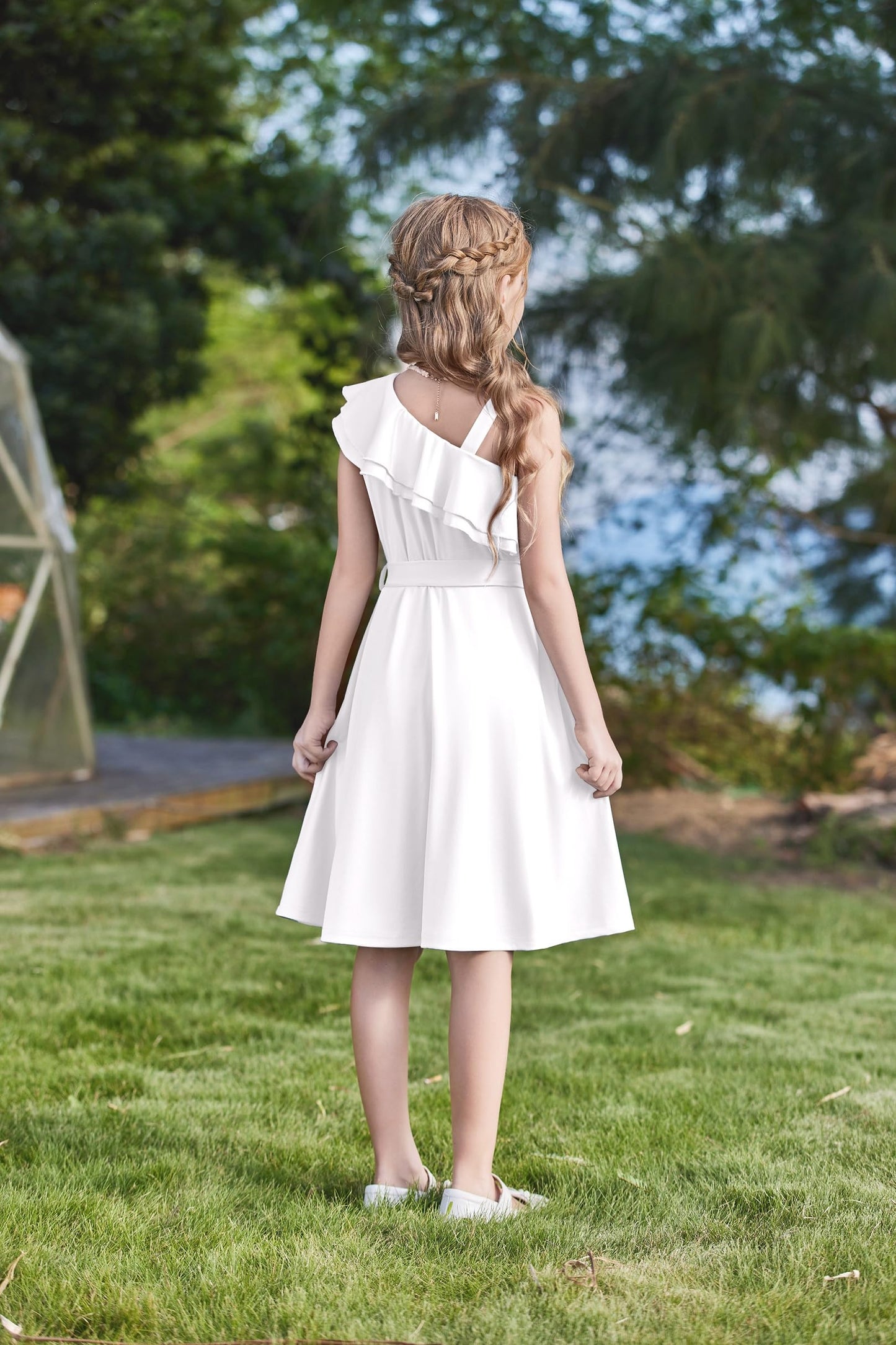 Arshiner Mädchen Kleider Eine-Schulter Kinderkleider Sommer Festliches Kleid Rüschenkragen Elegant Partykleider Swingkleid mit Gürtel ärmelloses Kleid für Mädchen 5-13 Jahre