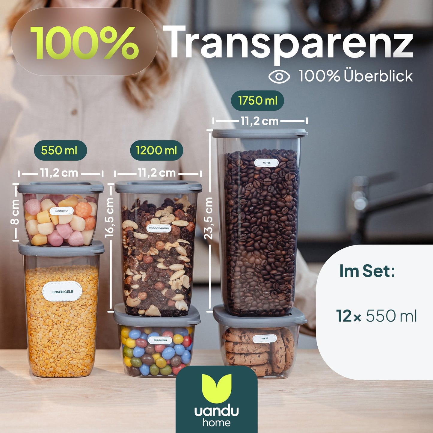 uandu Vorratsdosen mit Deckel Luftdicht - 12er Vorratsbehälter Set | Aufbewahrungsbox Küche Aufbewahrung & Organisation | BPA Frei | Küchen Organizer | Vorratsdosen für alle trockenen Lebensmittel