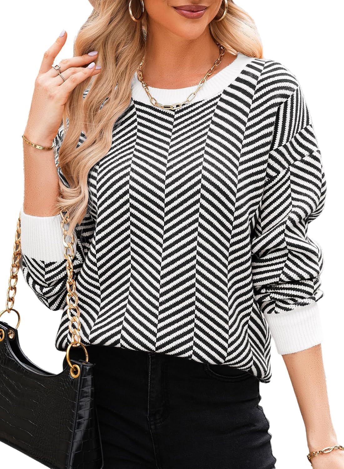 Dokotoo Damen Pullover Elegant Rundhals Gestreifter Strickpullover Warm Herbst Winterpullover Pulli Sweater S-XXL