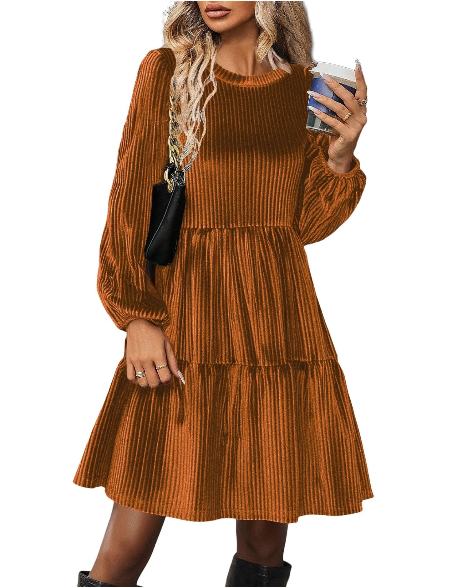 Zeagoo Damen Kleider Langarm Elegant Samtkleid Rundhals Rüschen A Linie Hohe Taille Freizeitkleider Winterkleid mit Taschen