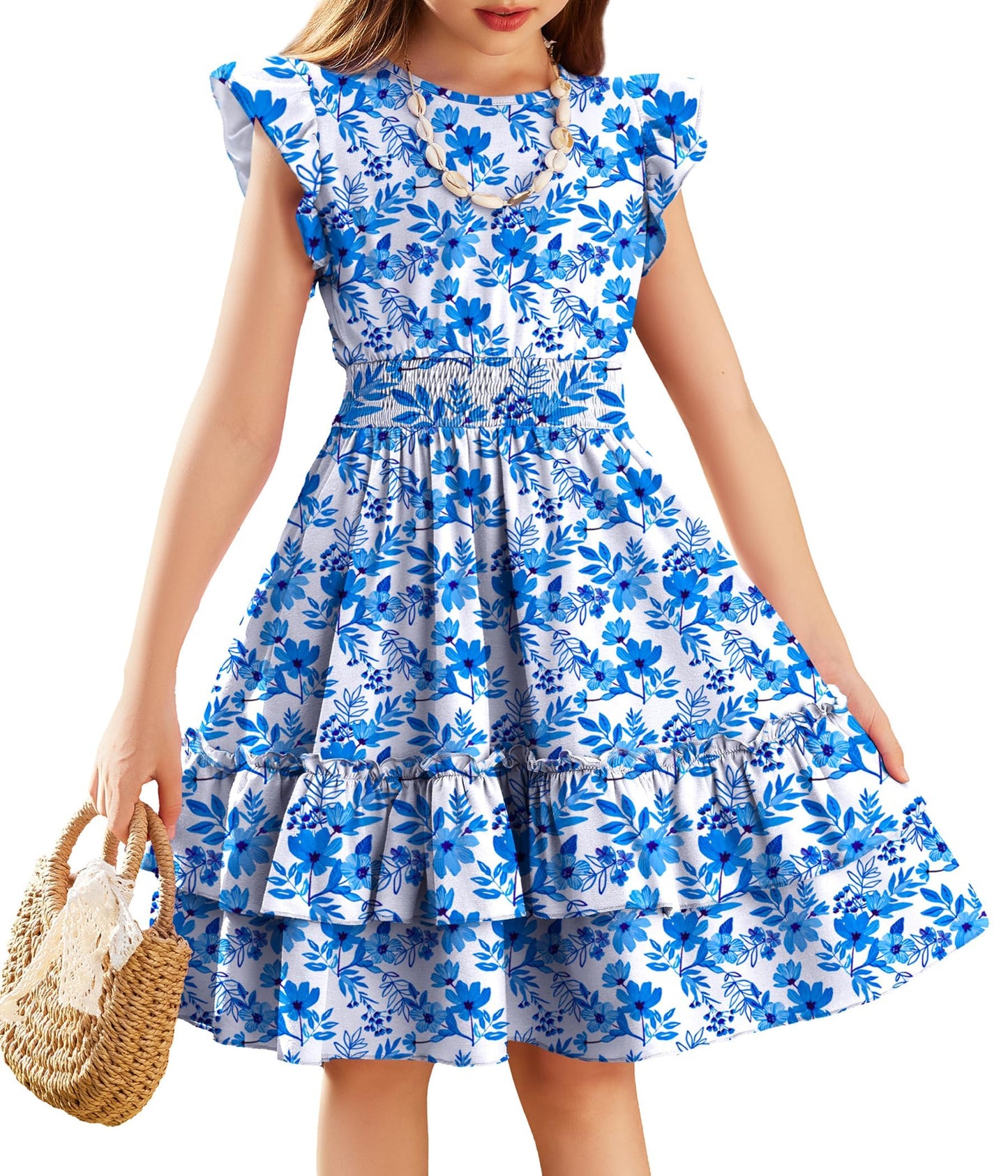 Arshiner Mädchen Kleider Flatterärmel Kinder Sommer Baumwolle Festliche Kleid A-Linie Taille Einschnüren Freizeitkleid Swingkleid Elegant ärmelloses Kleid für Mädchen 5-13 Jahre