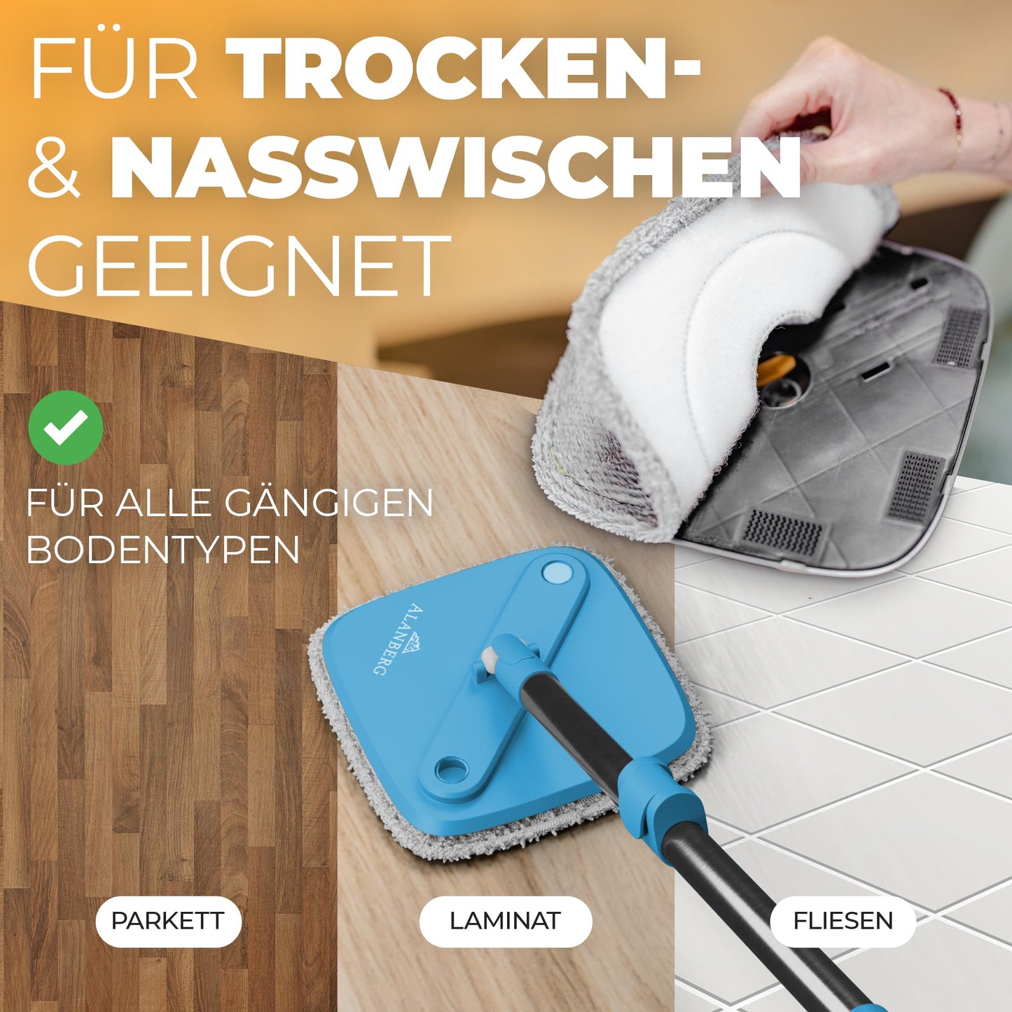 ALANBERG® Wischmopp Set mit Eimer – Zwei-Kammer-System – Trennung von Schmutz und Frischwasser – Bodenwischer für alle Bodentypen, Selbstauswringend, Mikrofaser Wischpads – Grau
