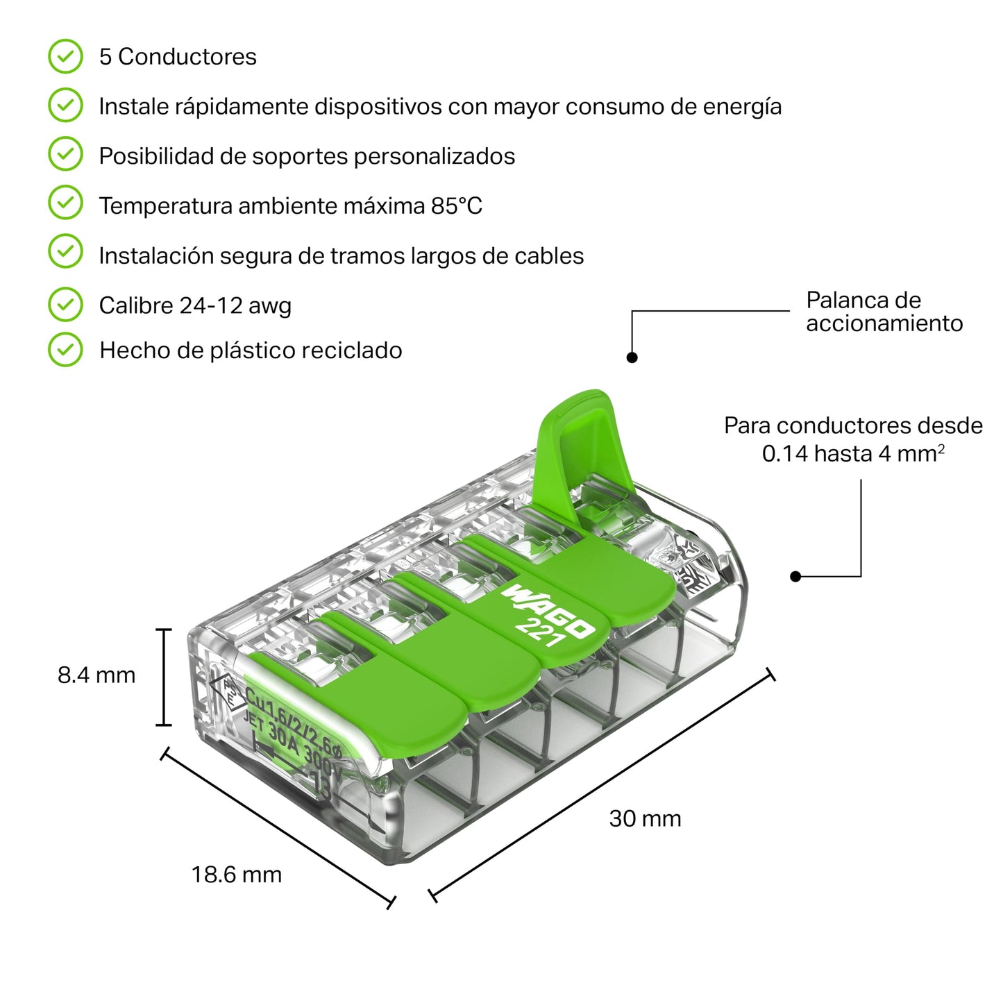 WAGO Verbindungsklemmen 221-413 | 3 Leiter, bis 4 mm², 50 Stück, COMPACT Kabelverbinder mit Hebel für alle Leiterarten weltweit, bestätigte Anwendungssicherheit