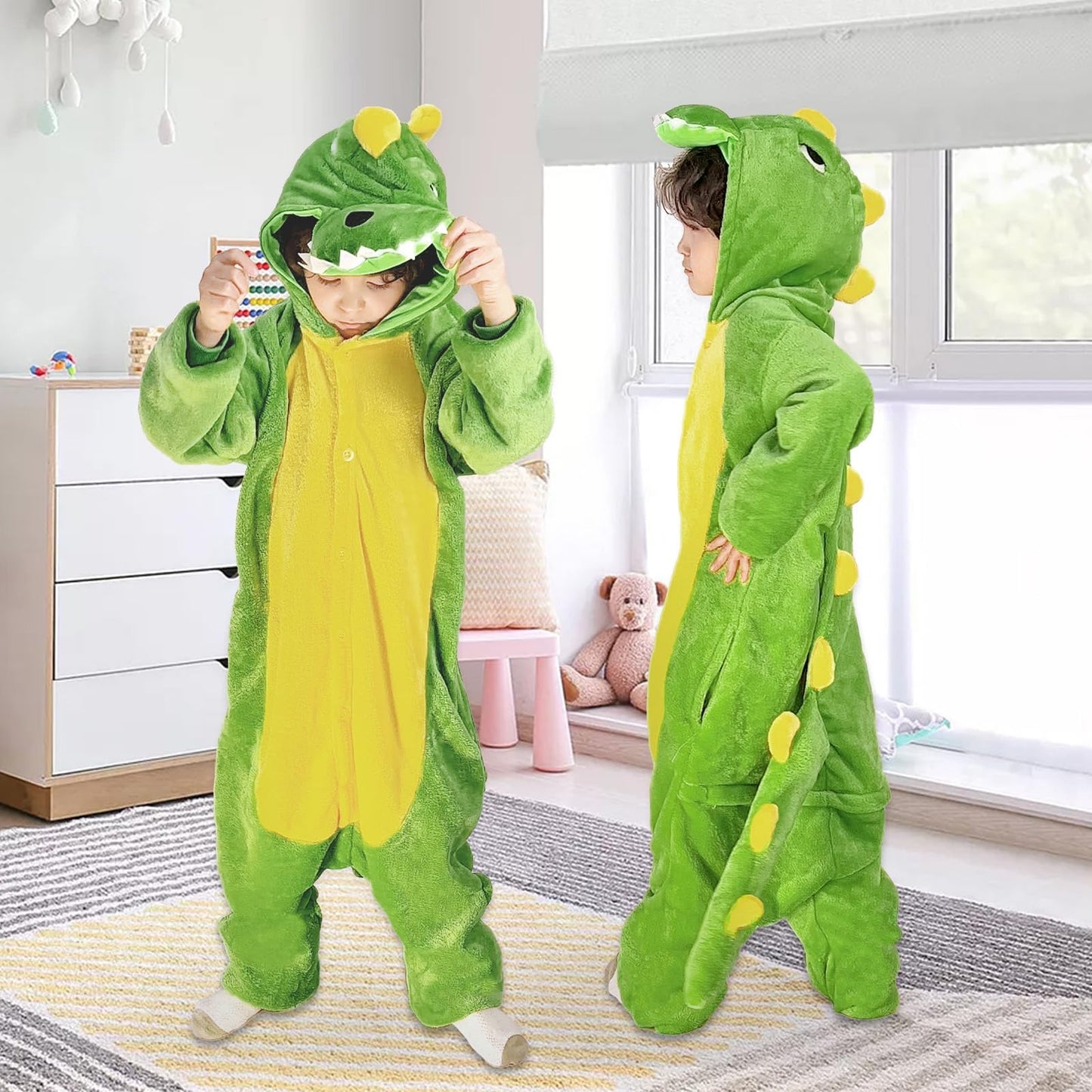 Dino Onesie Kinder Dinosaurier Kostüm Pyjamas Schlafanzug Jumpsuit mit Kapuze- Tier Schlafoverall Kleidung Outfit Drachen Flanell Sleepwear Overall für Mädchen Jungen Halloween Karneval Cosplay Party