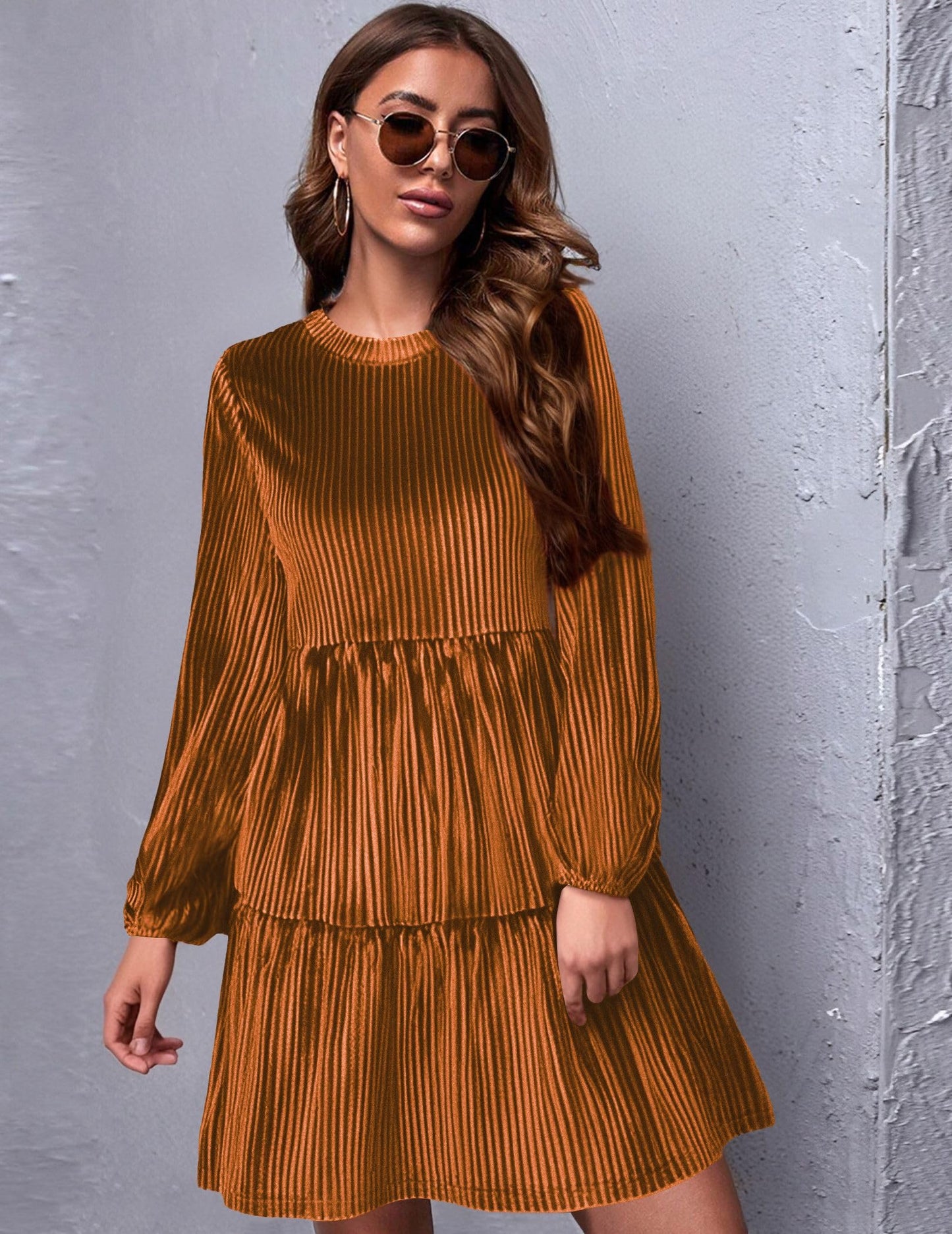 Zeagoo Damen Kleider Langarm Elegant Samtkleid Rundhals Rüschen A Linie Hohe Taille Freizeitkleider Winterkleid mit Taschen