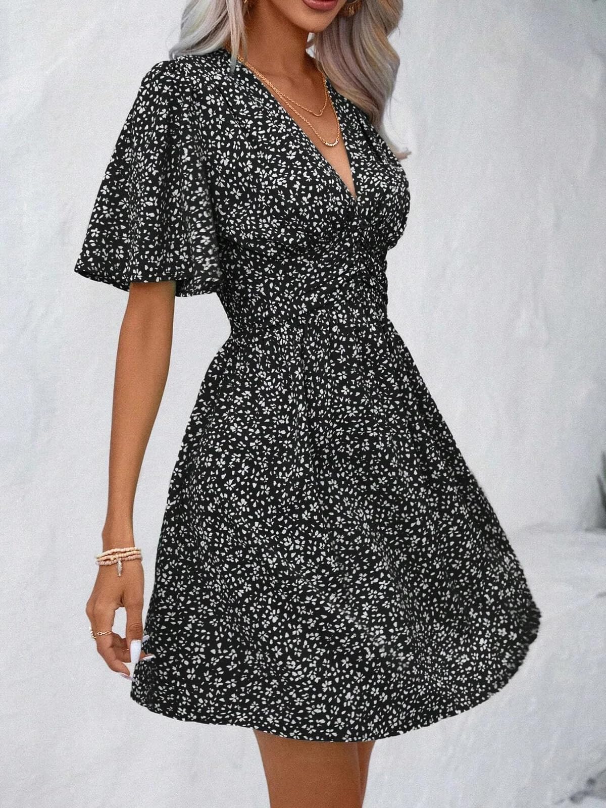LIAMERHE Damen Elegant Kleid Langarm/Kurze Ärmel V-Ausschnitt Casual Kleider A-Linie Blumenmuster Minikleid Freizeitkleider Sommer Herbst Winter Laternenärmeln Kleid Partykleid