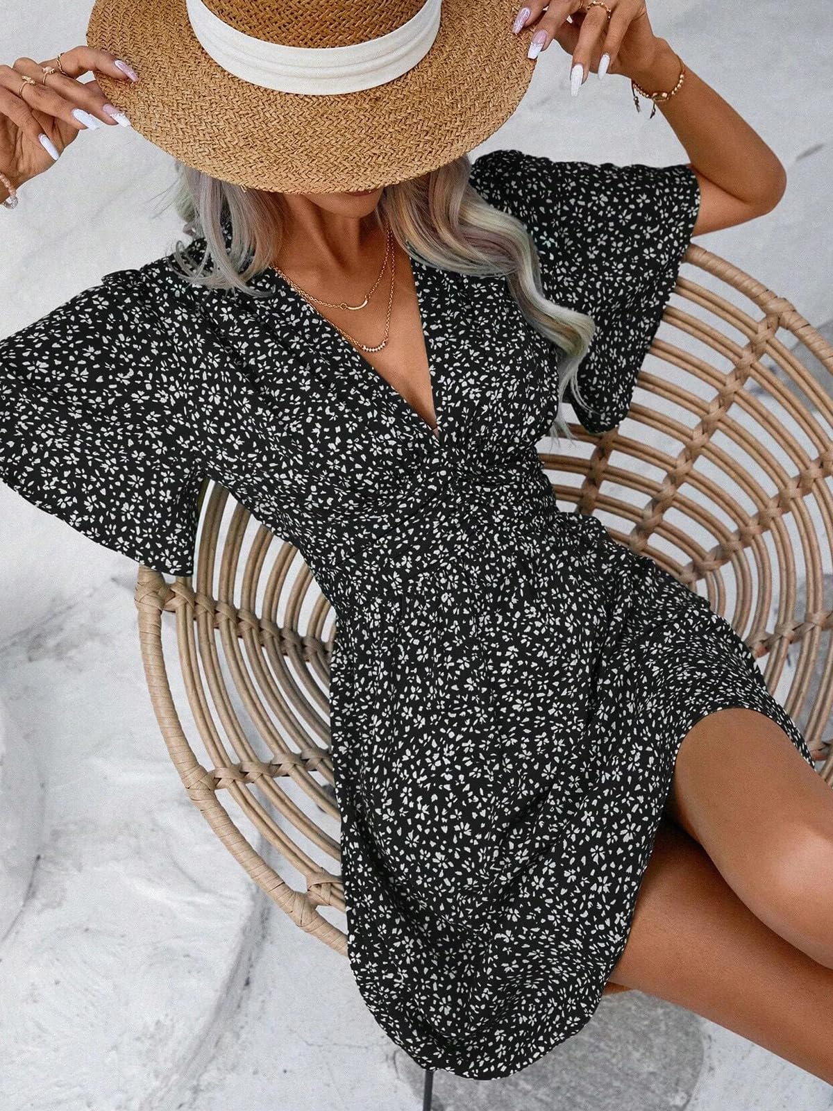 LIAMERHE Damen Elegant Kleid Langarm/Kurze Ärmel V-Ausschnitt Casual Kleider A-Linie Blumenmuster Minikleid Freizeitkleider Sommer Herbst Winter Laternenärmeln Kleid Partykleid
