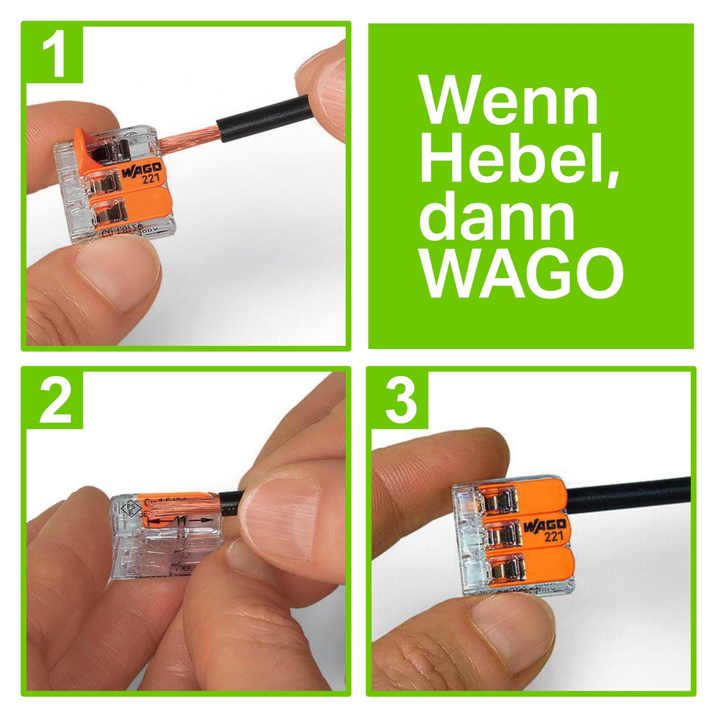 WAGO Verbindungsklemmen 221-413 | 3 Leiter, bis 4 mm², 50 Stück, COMPACT Kabelverbinder mit Hebel für alle Leiterarten weltweit, bestätigte Anwendungssicherheit