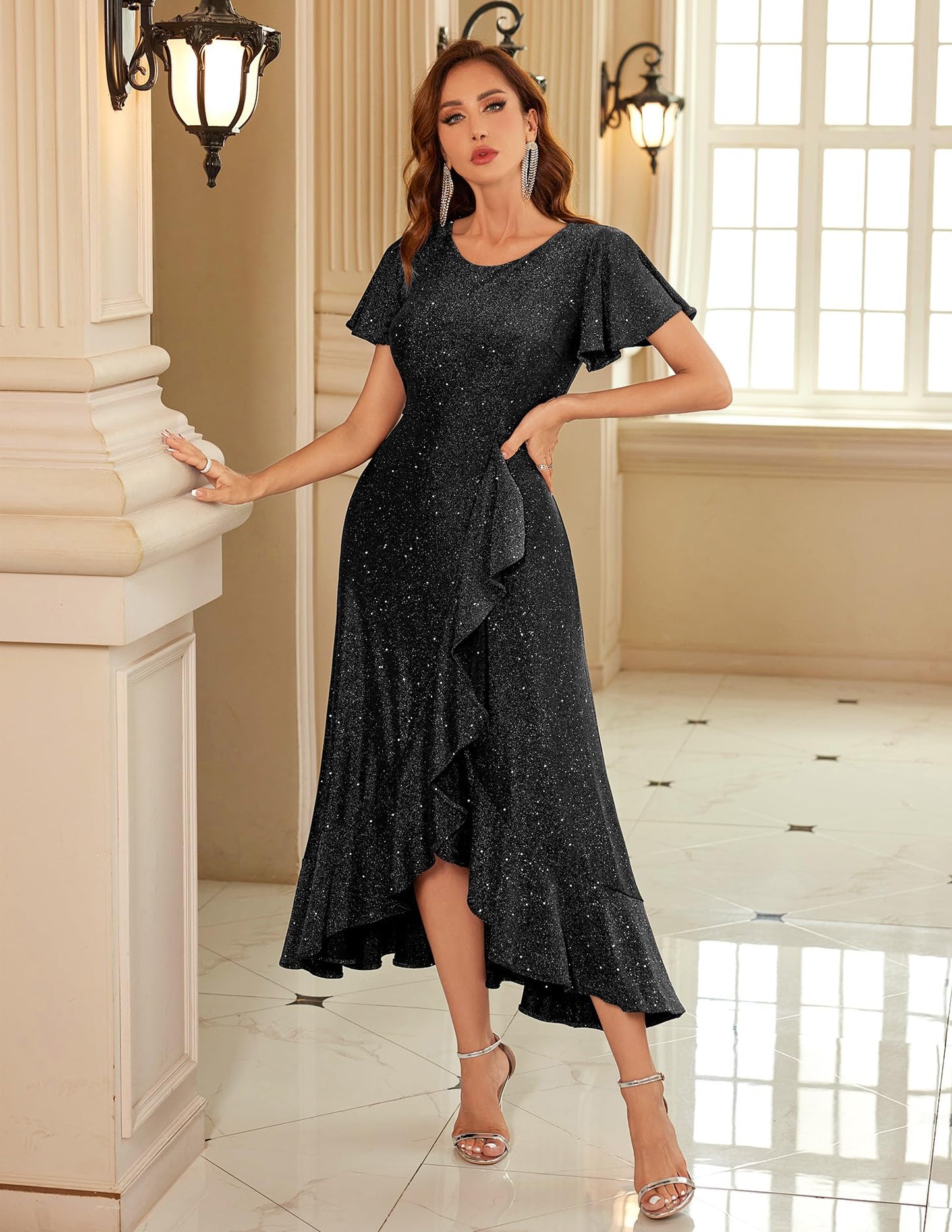 Berylove Damen Abendkleid Lang Glitzer Ballkleid mit Rüschen Saum Kleid Festliche Kleider für Hochzeit Partykleid