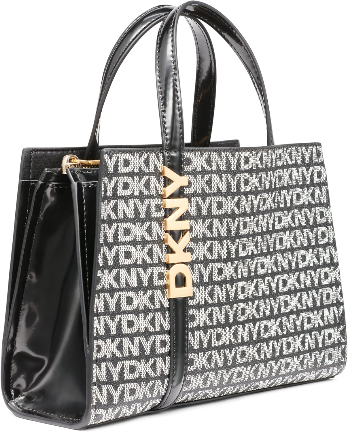 DKNY Women's Avril Small Satchel Crossbody 100% PVC with PU Trim, Black Logo and Black
