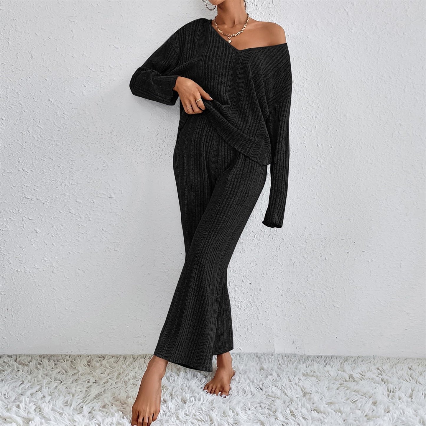 Hausanzug Damen Elegant Gestrickte Loungewear Einfarbig Strickanzug Langarm Schlafanzüge Zweiteiler V-Ausschnitt Homewear Locker Freizeitanzug Outfit Weites Bein Hose mit Taschen Lounge Set