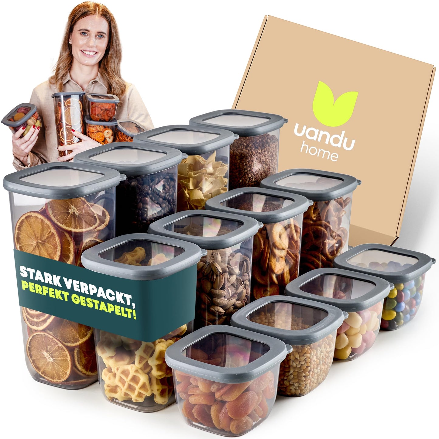 uandu Vorratsdosen mit Deckel Luftdicht - 12er Vorratsbehälter Set | Aufbewahrungsbox Küche Aufbewahrung & Organisation | BPA Frei | Küchen Organizer | Vorratsdosen für alle trockenen Lebensmittel