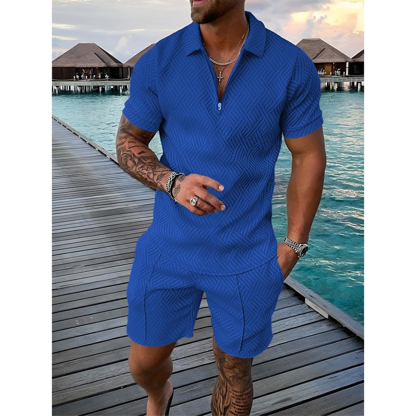 Herren Sportanzug Sommer Trainingsanzug Kurzarm Reißverschluss Top und Shorts Kleidung Set