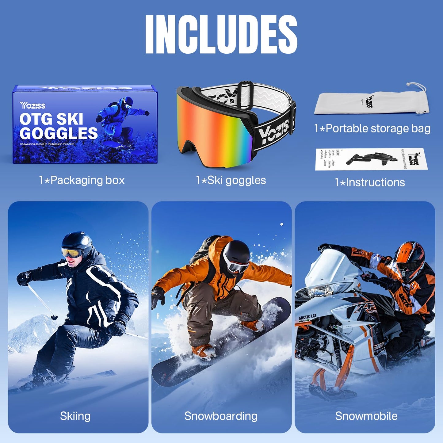 YOZISS OTG Ski Goggles for Men and Women, Magnetic Snowboard Goggles Anti-Fog & 100% UV Protection, OTG Ski Goggles Snow Goggles for Skiing & Winter Sports