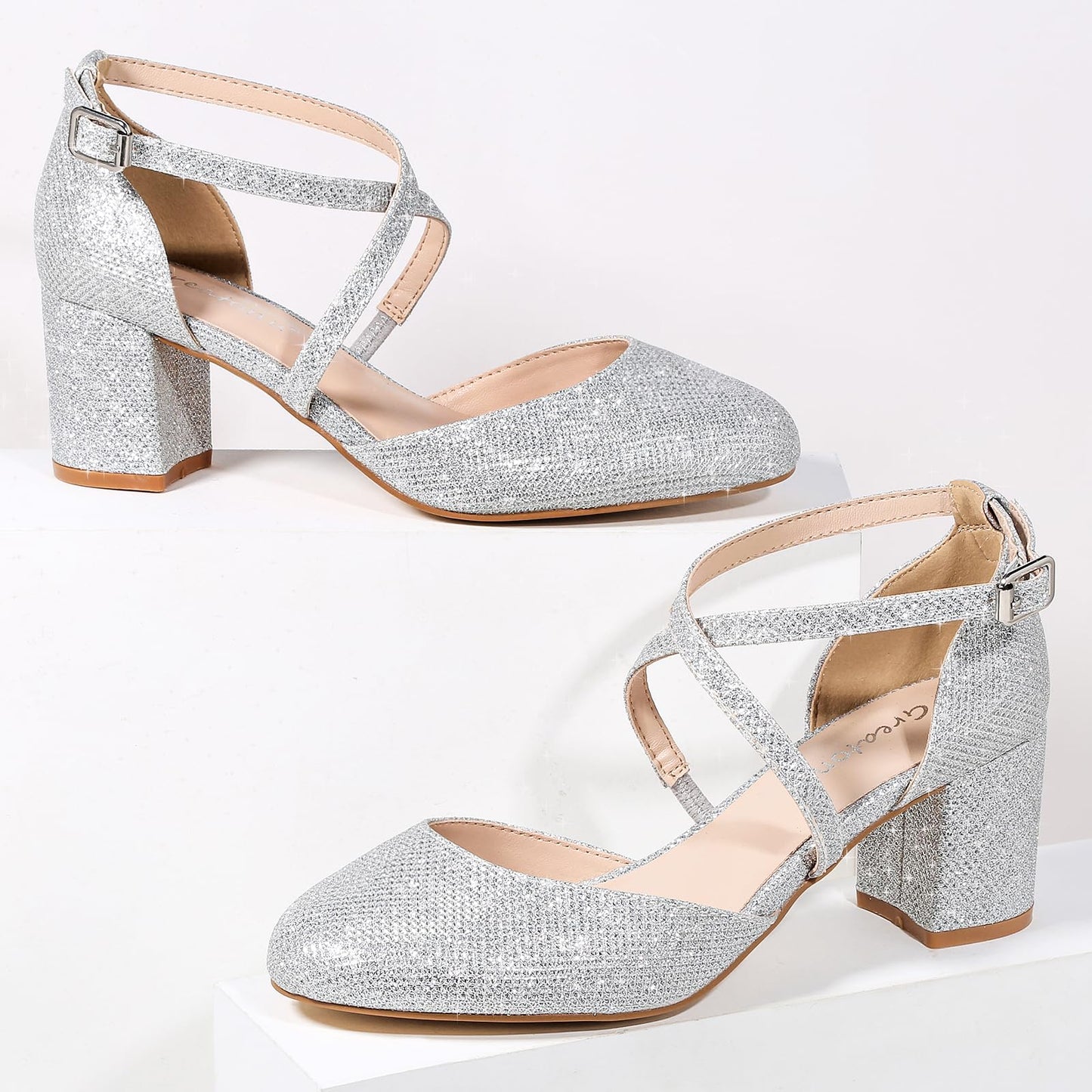 Greatonu Damen Pumps Riemchenpumps Spangenpumps Sandale mit Kreuz Knöchelriemen Blockabsatz Geschlossener Spitze Glitzer Pumps - Perfekt für Hochzeiten und Partys
