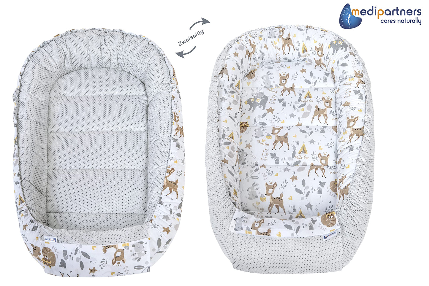Medi Partners Babynest Nestchen Baby Set für Neugeborene - 100x60x15 Kuschelnest 5 teilig tragbar Nest zweiseitig Babynestchen Bett 100% Baumwolle (Lichtung mit grauem Minky)