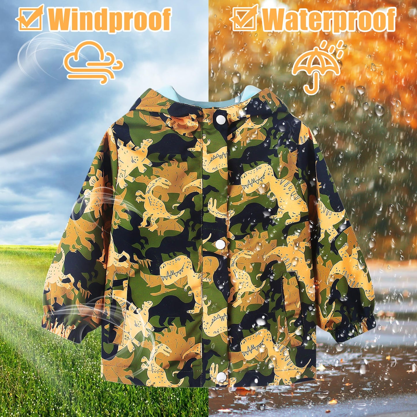 JinBei Children's Waterproof Jacket Children's Hooded Coat Windproof Jackets Long Sleeve Jacket Outdoor Lightweight Zip Coat for Boys & Girls Size 98-134