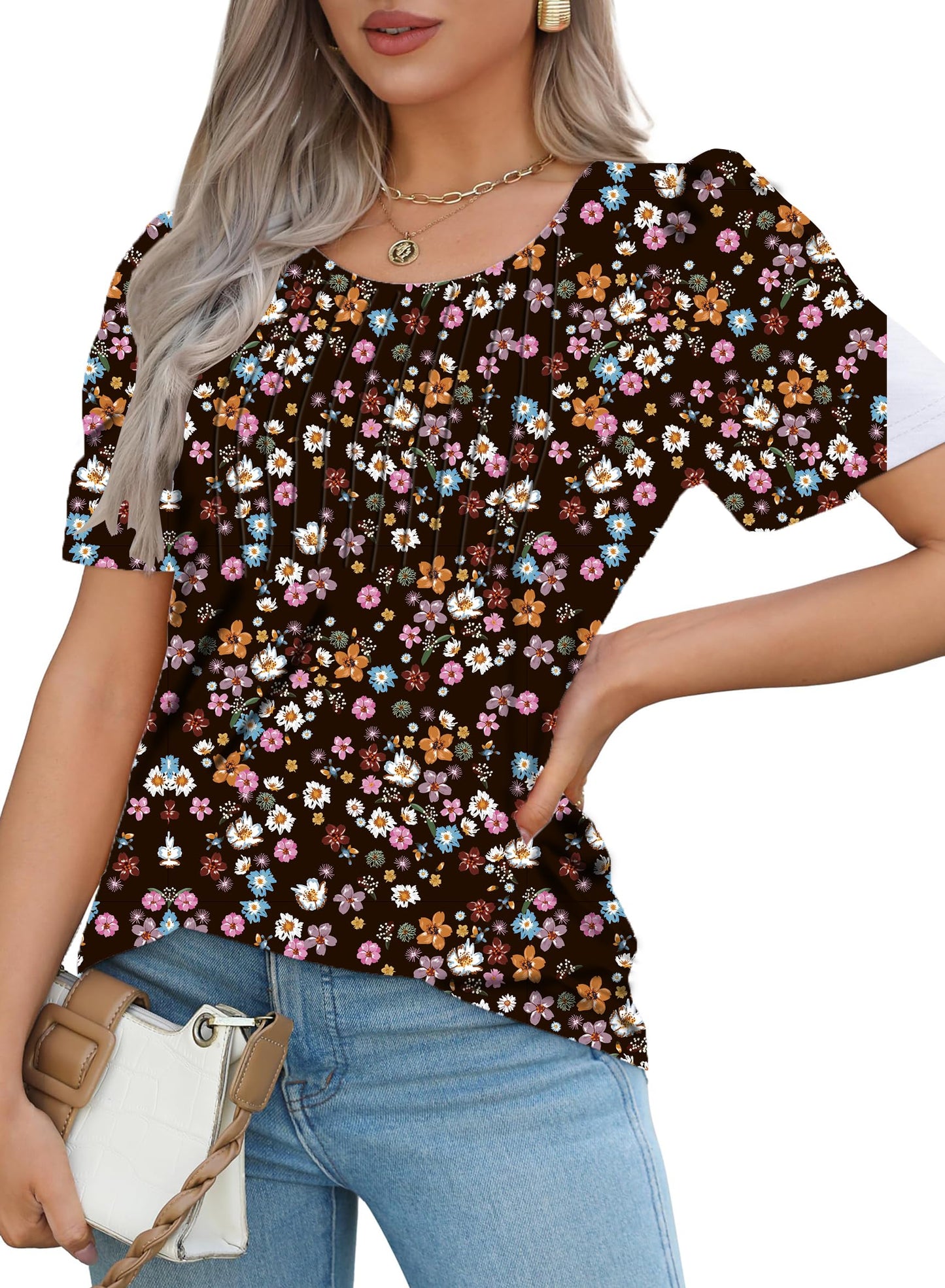 Cuptacc Tshirt Damen Rundhals Mit Falten Locker Puffärmel T-Shirt Elegant Kurzarm Geblümt/Einfarbig Top Damen