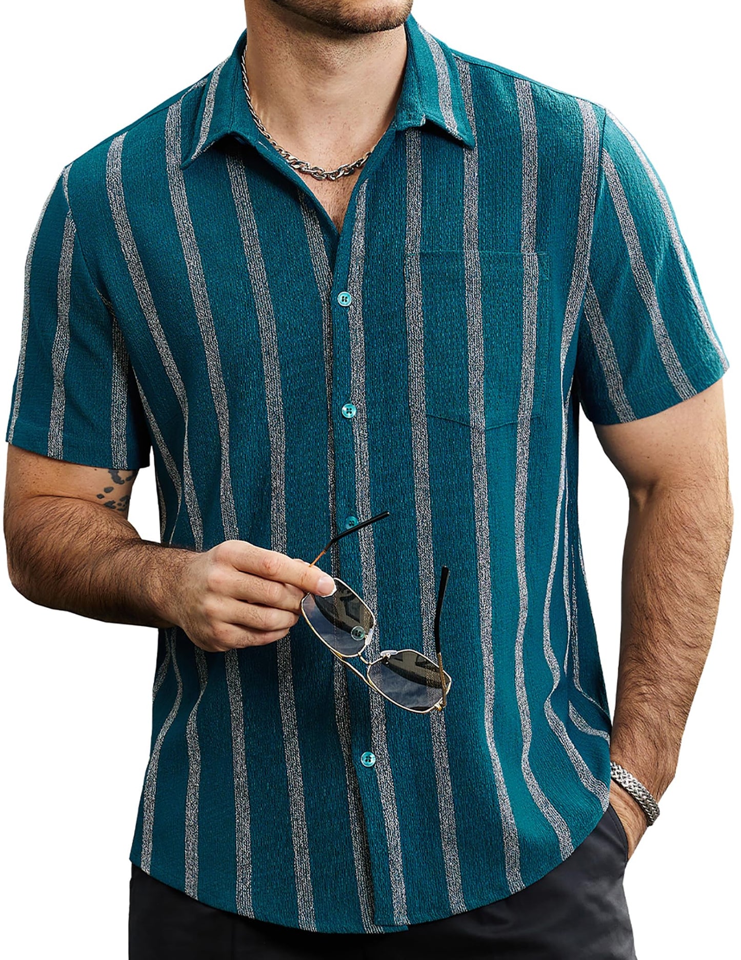 VATPAVE Herren Sommer Gestreifte Hemden Button Down Kurzarm Vintage Strand Hawaii Hemden mit Tasche