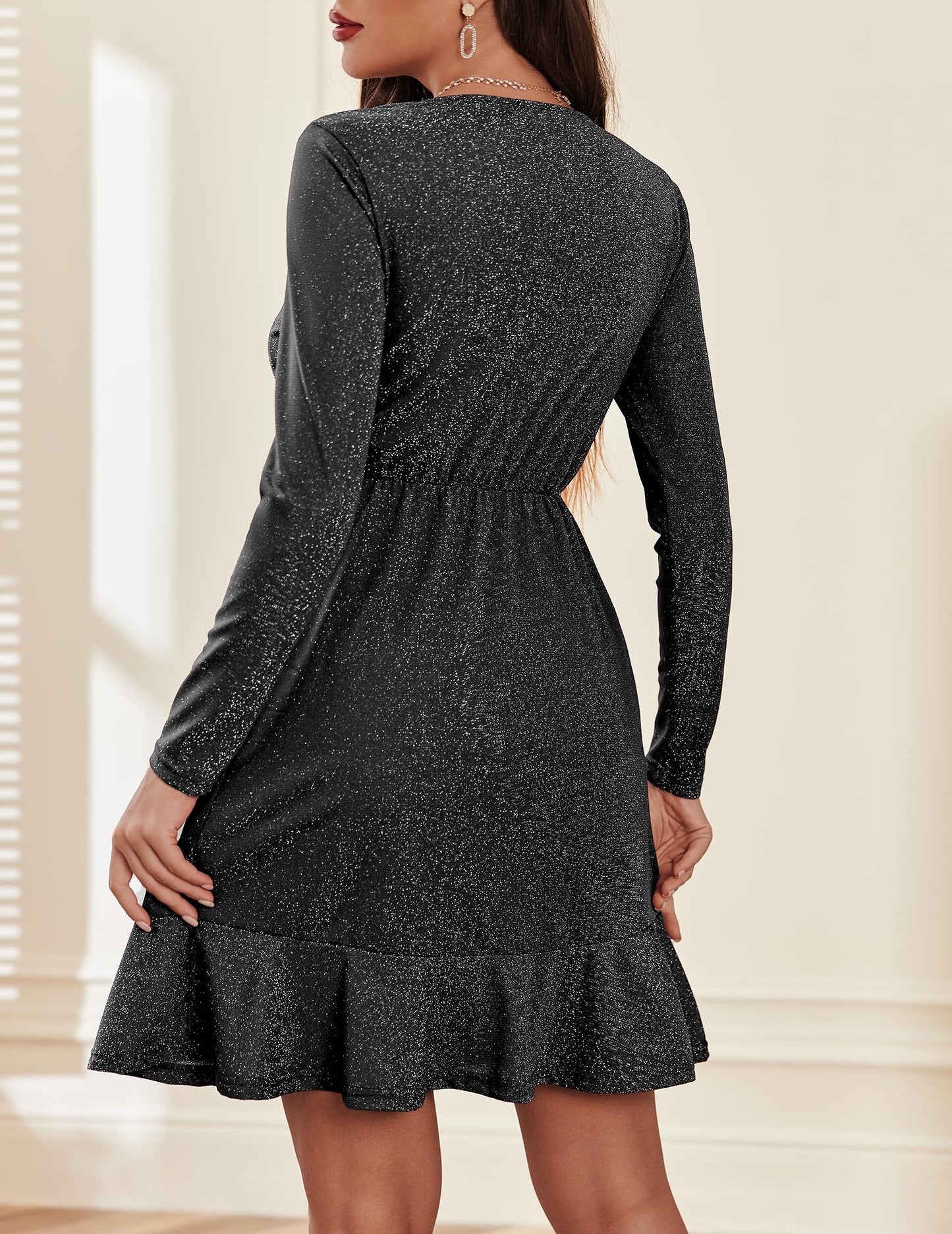Zeagoo Kleid Damen Weihnachtskleid Elegant Winterkleid Festlich Paillettenkleid Langarm Partykleid V-Ausschnitt Rüschensaum Glitzerkleid Sparkly MidiKleid Cocktailkleid Ballkleid