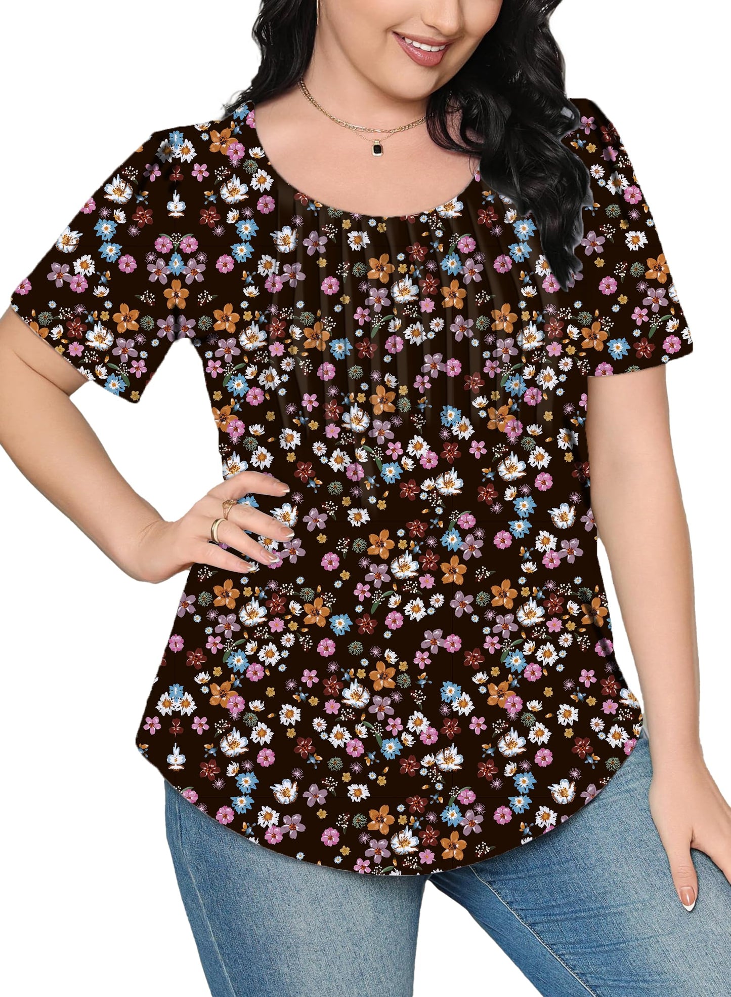 Cuptacc Tshirt Damen Rundhals Mit Falten Locker Puffärmel T-Shirt Elegant Kurzarm Geblümt/Einfarbig Top Damen