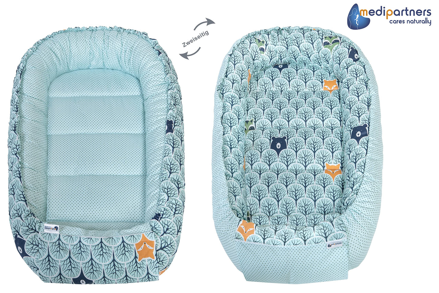 Medi Partners Babynest Nestchen Baby Set für Neugeborene - 100x60x15 Kuschelnest 5 teilig tragbar Nest zweiseitig Babynestchen Bett 100% Baumwolle (Lichtung mit grauem Minky)