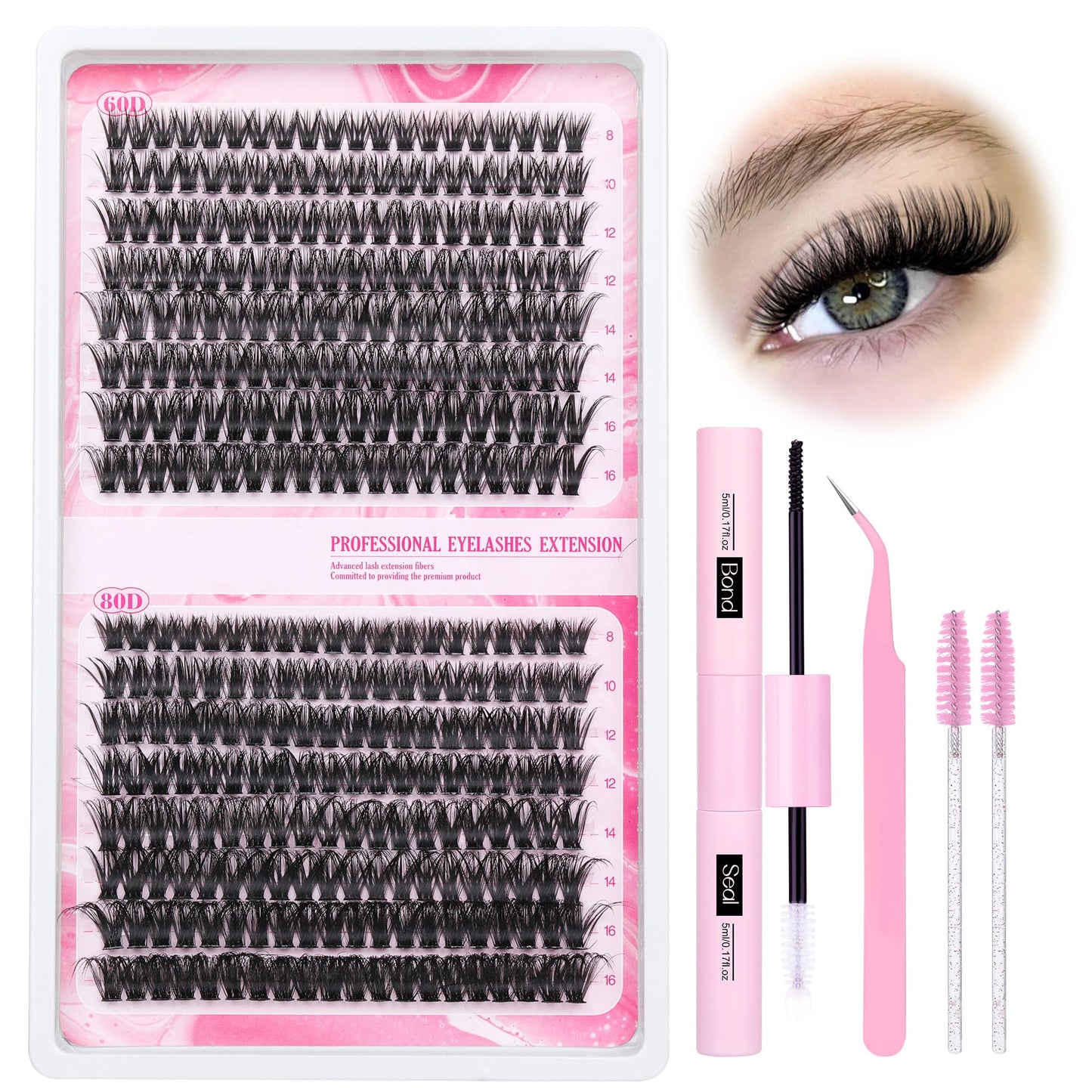 Wimpern Extensions Set Künstliche Wimpern Natürliche DIY Wimpernverlängerung Cluster Wimpern 16MM Individuelle Lashes Kit 40D Nerz Wimpern Fluffy mit Lash Bond und Seal Lash Tweezers