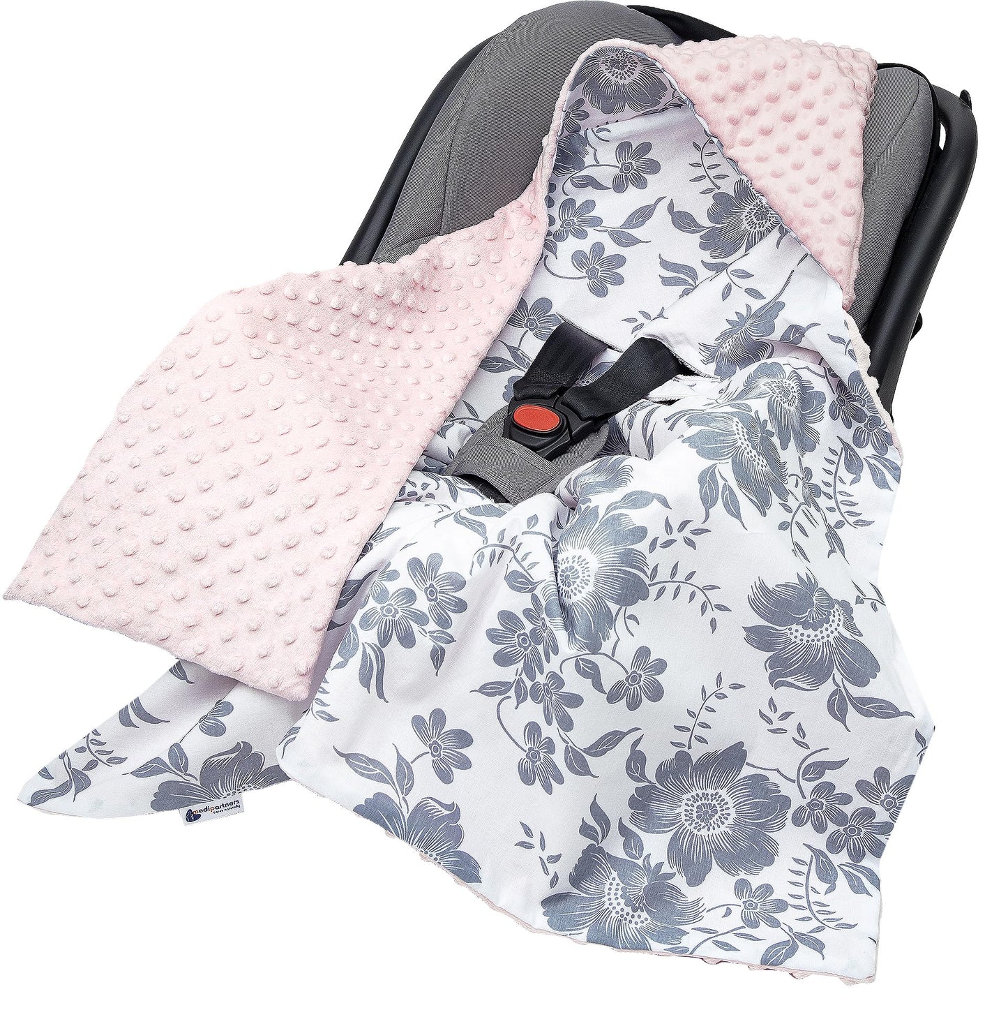 Medi Partners Einschlagdecke Baby Babyschale 100% Baumwolle für Sommer 85x85cm Kinderwagen Kuscheldecke universal Baby Decke Einschlagdecken Babydecke Buggy Autositz (weiße Sterne mit grauen Minky