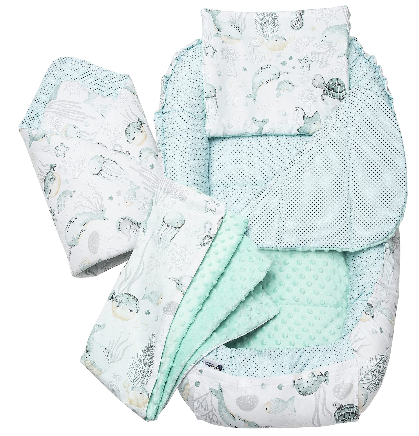 Medi Partners Babynest Nestchen Baby Set für Neugeborene - 100x60x15 Kuschelnest 5 teilig tragbar Nest zweiseitig Babynestchen Bett 100% Baumwolle (Lichtung mit grauem Minky)