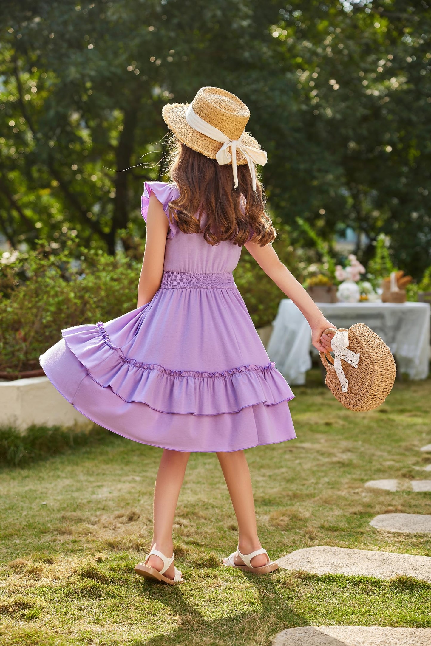 Arshiner Mädchen Kleider Flatterärmel Kinder Sommer Baumwolle Festliche Kleid A-Linie Taille Einschnüren Freizeitkleid Swingkleid Elegant ärmelloses Kleid für Mädchen 5-13 Jahre